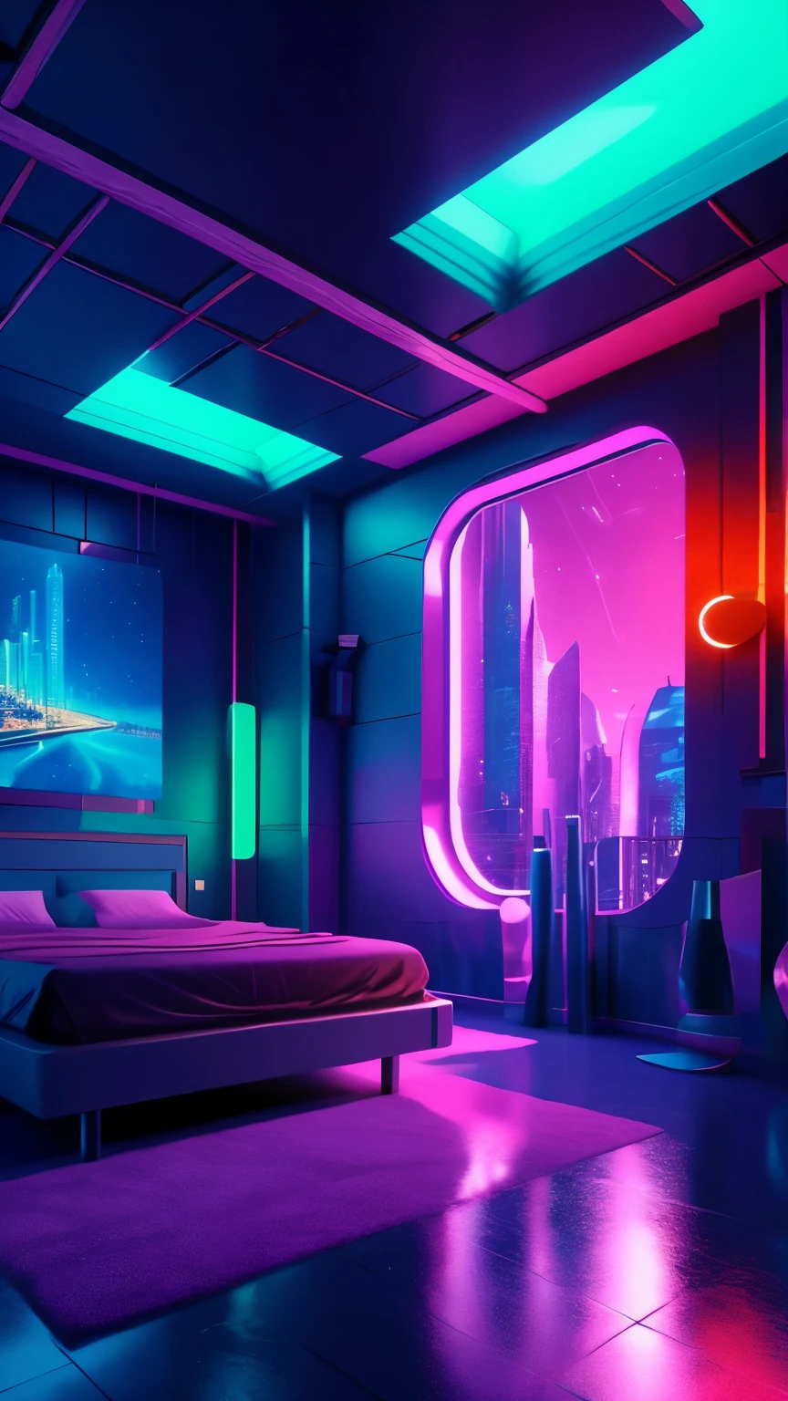 ((Obra de arte)), (ultra-detalhado), (detalhes intrincados), (8k high resolution CGI art), Create an image of a small retro-futuristic and realistic vaporwave ciberpunk bedroom at night time. One of the walls should have a large window with a busy area, Colorida, e detalhado (ciberpunk), synthetic wave, neon cityscape. The city should have a futuristic style with lots of colors, luzes de neon, Sinais, and buildings of different sizes. A paisagem urbana deve ser extremamente detalhada com profundidade de campo. A cidade deve ter muito interesse visual com muitos pequenos detalhes. Utilize a lighting atmosférica e ambiente para criar profundidade e evocar a sensação de uma cidade futurista movimentada do lado de fora da janela. Pay close attention to details like intricate, contrata olhos e detalhes de quarto dos anos 90. Camera: plano amplo mostrando parte da sala e a janela. A janela deve ser o ponto focal da imagem. A paisagem urbana deve preencher a janela. lighting: use lighting atmosférica e volumétrica para realçar os detalhes da paisagem urbana. The room should be illuminated by the luzes de neon from the cityscape.