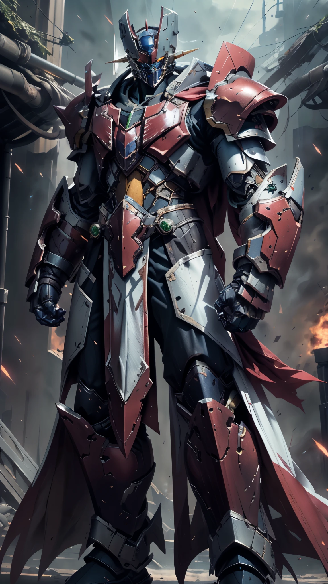 A man wearing a full-face helmet, a fantasy-style biotech armored combat suit, green eyes, (a composite layered chest armor), fully enclosed shoulder guards, matching arm and leg guards, the belt is adorned with Z mark, (the color scheme is primarily white with red and blue accents), the design balances heavy with agility, a high-tech bio-mecha armor, (Armor Concept Inspired by Mazinger Z, stand on the top of a skyscraper in a futuristic sci-fi city), this character embodies a finely crafted fantasy-surreal style armored hero in anime style, exquisite and mature manga art style, (battle damage, element, plasma, energy, the armor glows), ((male:1.5)), metallic, real texture material, dramatic, high definition, best quality, highres, ultra-detailed, ultra-fine painting, extremely delicate, professional, perfect body proportions, golden ratio, anatomically correct, symmetrical face, extremely detailed eyes and face, high quality eyes, creativity, RAW photo, UHD, 32k, Natural light, cinematic lighting, masterpiece-anatomy-perfect, masterpiece:1.5