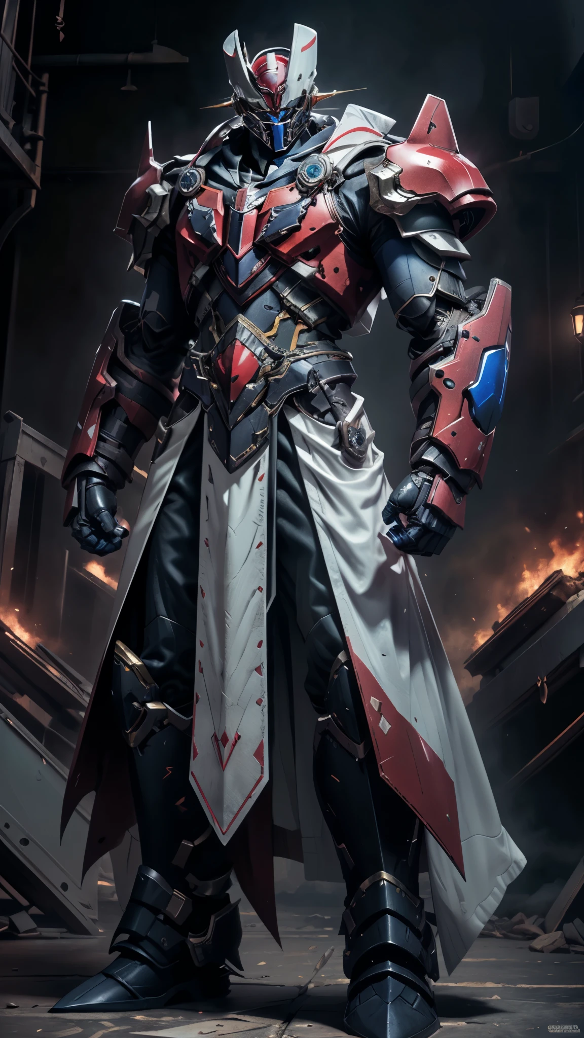 A man wearing a full-face helmet, a fantasy-style biotech armored combat suit, green eyes, (a composite layered chest armor), fully enclosed shoulder guards, matching arm and leg guards, the belt is adorned with Z mark, (the color scheme is primarily white with red and blue accents), the design balances heavy with agility, a high-tech bio-mecha armor, (Armor Concept Inspired by Mazinger Z, stand on the top of a skyscraper in a futuristic sci-fi city), this character embodies a finely crafted fantasy-surreal style armored hero in anime style, exquisite and mature manga art style, (battle damage, element, plasma, energy, the armor glows), ((male:1.5)), metallic, real texture material, dramatic, high definition, best quality, highres, ultra-detailed, ultra-fine painting, extremely delicate, professional, perfect body proportions, golden ratio, anatomically correct, symmetrical face, extremely detailed eyes and face, high quality eyes, creativity, RAW photo, UHD, 32k, Natural light, cinematic lighting, masterpiece-anatomy-perfect, masterpiece:1.5
