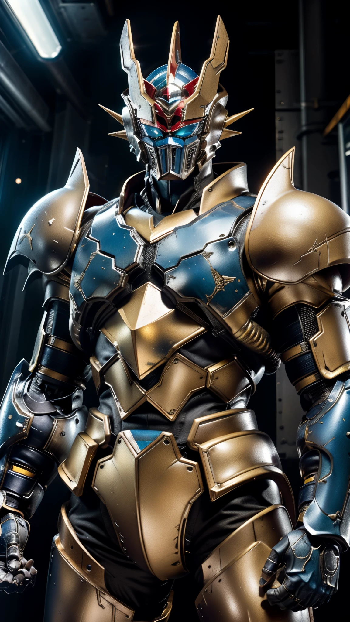 A man wearing a full-face helmet, a fantasy-style biotech armored combat suit, green eyes, (a composite layered chest armor), fully enclosed shoulder guards, matching arm and leg guards, the belt is adorned with Z mark, (the color scheme is primarily white with red and blue accents), the design balances heavy with agility, a high-tech bio-mecha armor, (Armor Concept Inspired by Mazinger Z, stand on the top of a skyscraper in a futuristic sci-fi city), this character embodies a finely crafted fantasy-surreal style armored hero in anime style, exquisite and mature manga art style, (battle damage, element, plasma, energy, the armor glows), ((male:1.5)), metallic, real texture material, dramatic, high definition, best quality, highres, ultra-detailed, ultra-fine painting, extremely delicate, professional, perfect body proportions, golden ratio, anatomically correct, symmetrical face, extremely detailed eyes and face, high quality eyes, creativity, RAW photo, UHD, 32k, Natural light, cinematic lighting, masterpiece-anatomy-perfect, masterpiece:1.5