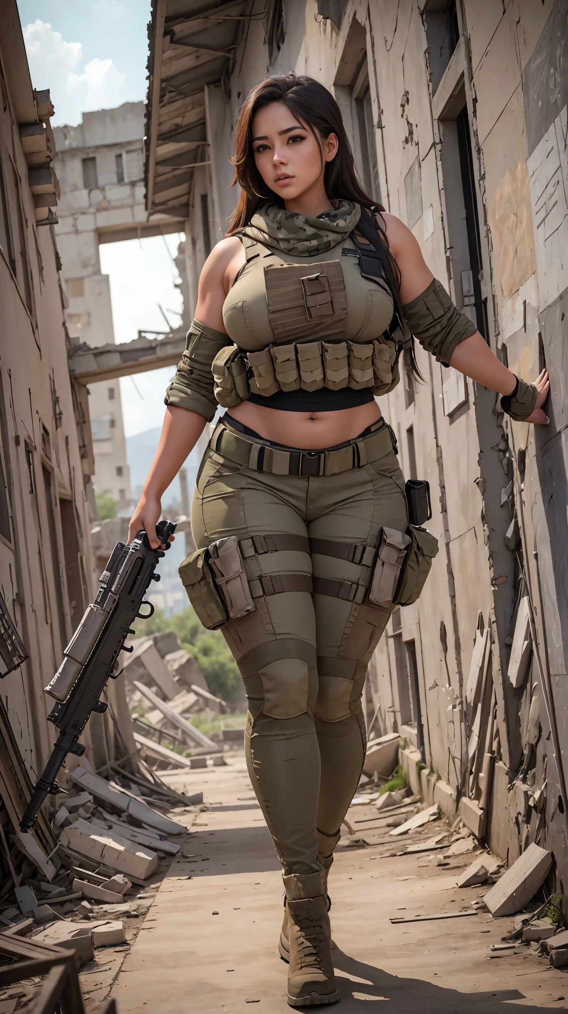 Women military in ruins ,curvy body, thick high, Loong legs, wide hips, full body bring gun
