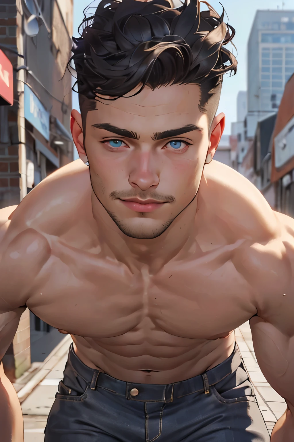 ((the best quality)), ((Masterpiece)), (details), perfect face, high definition, Masterpiece,4k,details clearly, Handsome face, white skin, perfect body, male body, strong muscles, abdomen, blue eyes, white skin, The most handsome man in the world, handsome, The coolest face, Male characters, close image (1man, shirtless), young man, mischievous smile, Extremely muscular tall man, open your eyes ((detailed eyes)), huge, muscular body and Massive, bulging pecs, muscular abs, narrow waist, short hair, blue eyes, delicate big eyes, carefree expression, clear face, handsome (detailed face, perfect face) ((extremely realistic shadows, bodybuilding posture, human, ((22-year-old young man)), V shape, athletic pants, athletic, Shirtless, Sunlight, City, lower pants, topless, close up look, CG sense, Textured skin, the best quality, Storytelling images, lower your pants, show Panty line, Show your abs, show arm muscle, Black hair, shining blue eyes, eyes contact, high school