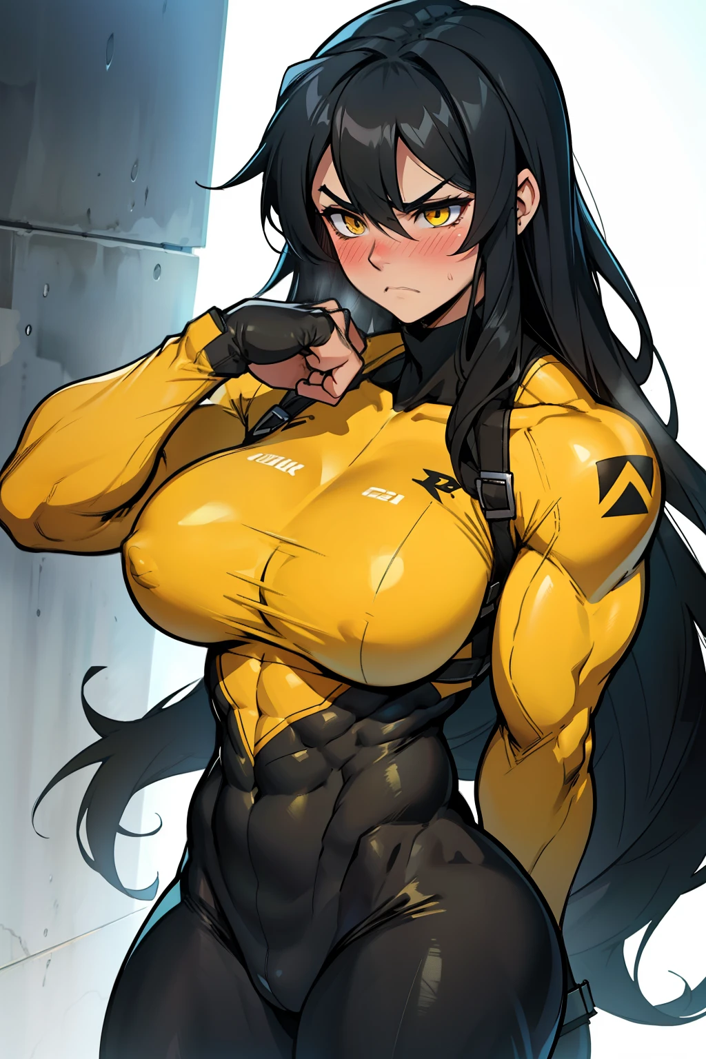 ((muscular)) large breasts thick thick thick thick thick skintight suit pale skin black hair yellow eyes very long hair sad frown blush