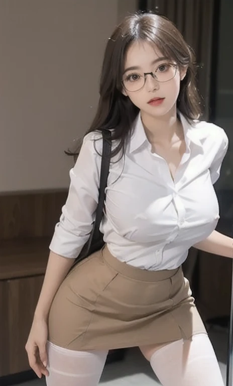 ulzzang-6500-v1.1, (raw photo:1.2), (photorealistic:1.4), beautiful detailed girl, very detailed eyes and face,(wearing suit:1.3),(wearing a white shirt:1.4), beautiful detailed eyes, ridiculous, incredibly ridiculous, huge file size, super detailed, high resolution, very detailed, best quality, masterpiece, ((fashion clothing with diverse colors)), illustration, very detailed, CG, unified, 8k wallpaper, amazing, fine detail, masterpiece ,best quality, very detailed CG uniform 8k wallpaper, light on face, movie lighting, 1girl, ，long white hair, side splits, (big breasts), (no panties:1.3)), (glasses), ((dynamic pose))), ((sexy pose:1.3))), (camel toe), (half), (pantyhose)), ((black hip skirt)),(visible nipples)，(exposed nipples:1.2),nipples,(Show the shape of the nipples:1.5),(exposed breasts)，(The clothes outline the shape of the nipples:1.3)