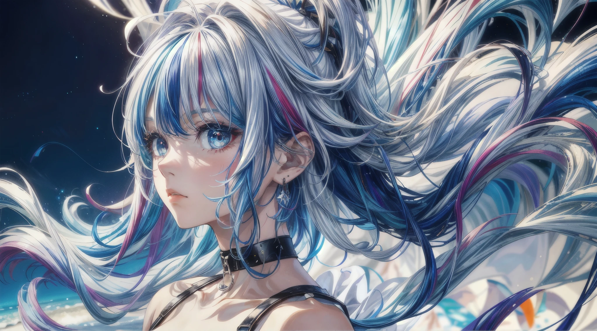 8k wallpaper, masterpiece,Cinematic Lighting, best quality,Illustration,dramatic angle, ((colorful:1.1)), ((colored inner hair:1.4)),
1girl, solo, long hair, water, blue eyes, choker, parted lips, white choker, liquid hair, white hair, bangs, from side, profile, upper body, blue hair, simple background, grey background, bare shoulders, portrait, looking at viewer, white dress, hair between eyes, multicolored hair, white background,earrings,