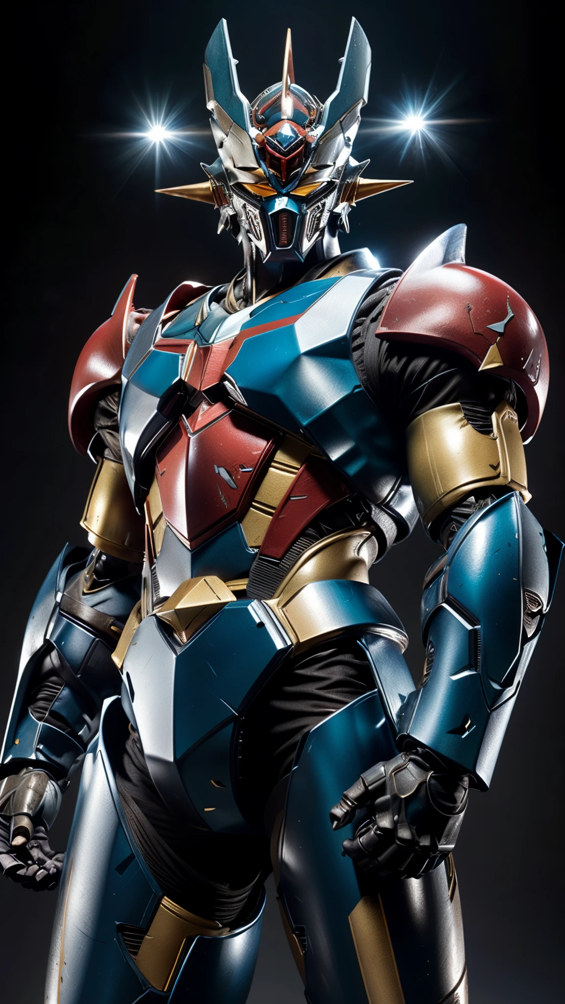 A man wearing a full-face helmet, a fantasy-style biotech armored combat suit, green eyes, (a composite layered chest armor), fully enclosed shoulder guards, matching arm and leg guards, the belt is adorned with Z mark, (the color scheme is primarily white with red and blue accents), the design balances heavy with agility, a high-tech bio-mecha armor, (Armor Concept Inspired by Mazinger Z, stand on the top of a skyscraper in a futuristic sci-fi city), this character embodies a finely crafted fantasy-surreal style armored hero in anime style, exquisite and mature manga art style, (battle damage, element, plasma, energy, the armor glows), ((male:1.5)), metallic, real texture material, dramatic, high definition, best quality, highres, ultra-detailed, ultra-fine painting, extremely delicate, professional, perfect body proportions, golden ratio, anatomically correct, symmetrical face, extremely detailed eyes and face, high quality eyes, creativity, RAW photo, UHD, 32k, Natural light, cinematic lighting, masterpiece-anatomy-perfect, masterpiece:1.5