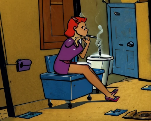 a girl in topless nude in a bathroom sitting on the toilets panties on the ankles view down below in the style of Gigi Cavenago and Jeffrey Jones and Albert Beck Wenzell and norman rockwell