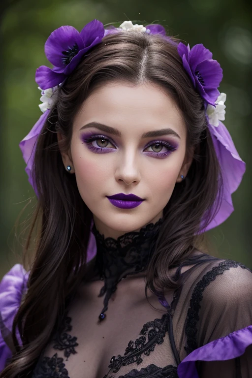 Jeune femme de 25 ans, visage fin, cheveux long, yeux marrons, HD, 8K, masterpiece, sourire romantique, sexy, mascara noir, maquillage noir, black lips, tenue gothique, vêtements noirs et violets, toile d'araignée en dentelle, cheveux noirs et violets, bodypainting, purple paint, purple tears on the cheecks, dracula, dans un parc, sous la pluie, maquillage et peinture coulants