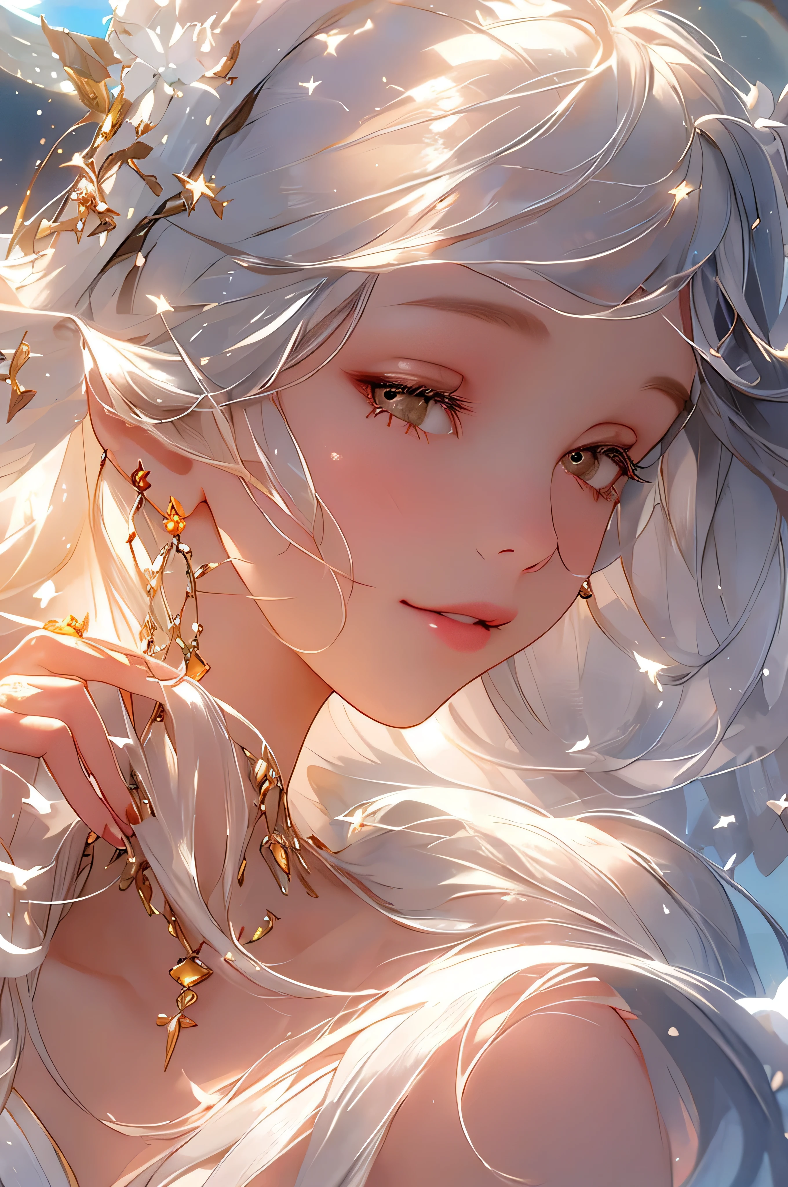 (best quality,ultra-detailed,photorealistic:1.37),portrait,goddess,beautiful,white,flower crown,pure,serene,graceful,airy,glowing,ethereal,soft skin,radiant,shining,peaceful,divine presence,flowing dress,long flowing hair,gentle smile,delicate hands,pearly white,sparkling eyes,light halo,cascading light,angelic,heavenly colors,warm golden light,subtle pastel tones,sublime scenery,serenity garden,dreamlike atmosphere,harmonious,transcendent,spiritual awakening,simple elegance,charm,beauty in purity,purely elegant,transcendent beauty,luminosity,tranquility,soothing vibes,serene expression,transcendental bliss,ethereal beauty,sublime grace,effortless radiance,infinite serenity,unearthly aura.