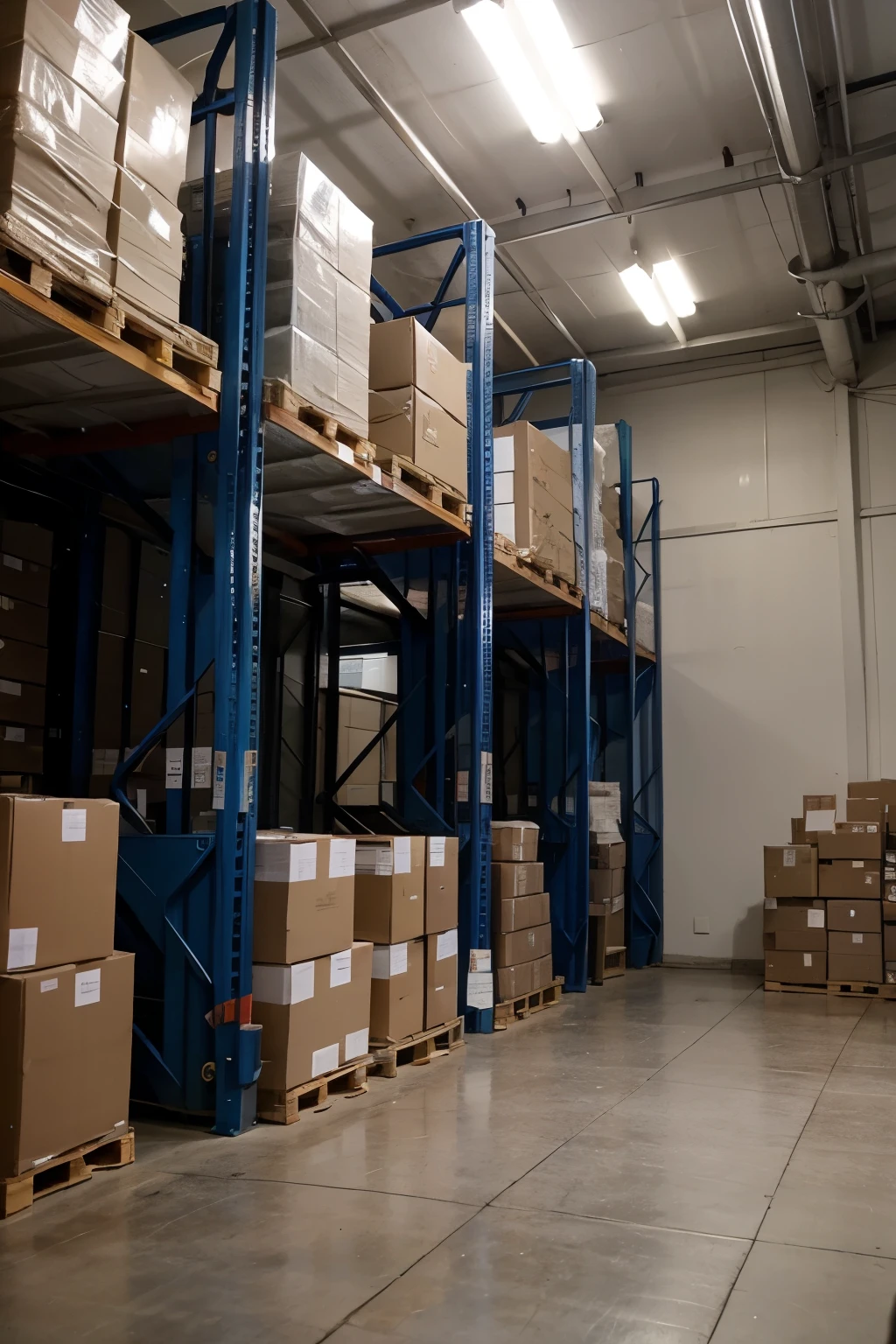 Warehouse full of merchandise, con racks de color azul y bien iluminado. Mas grande