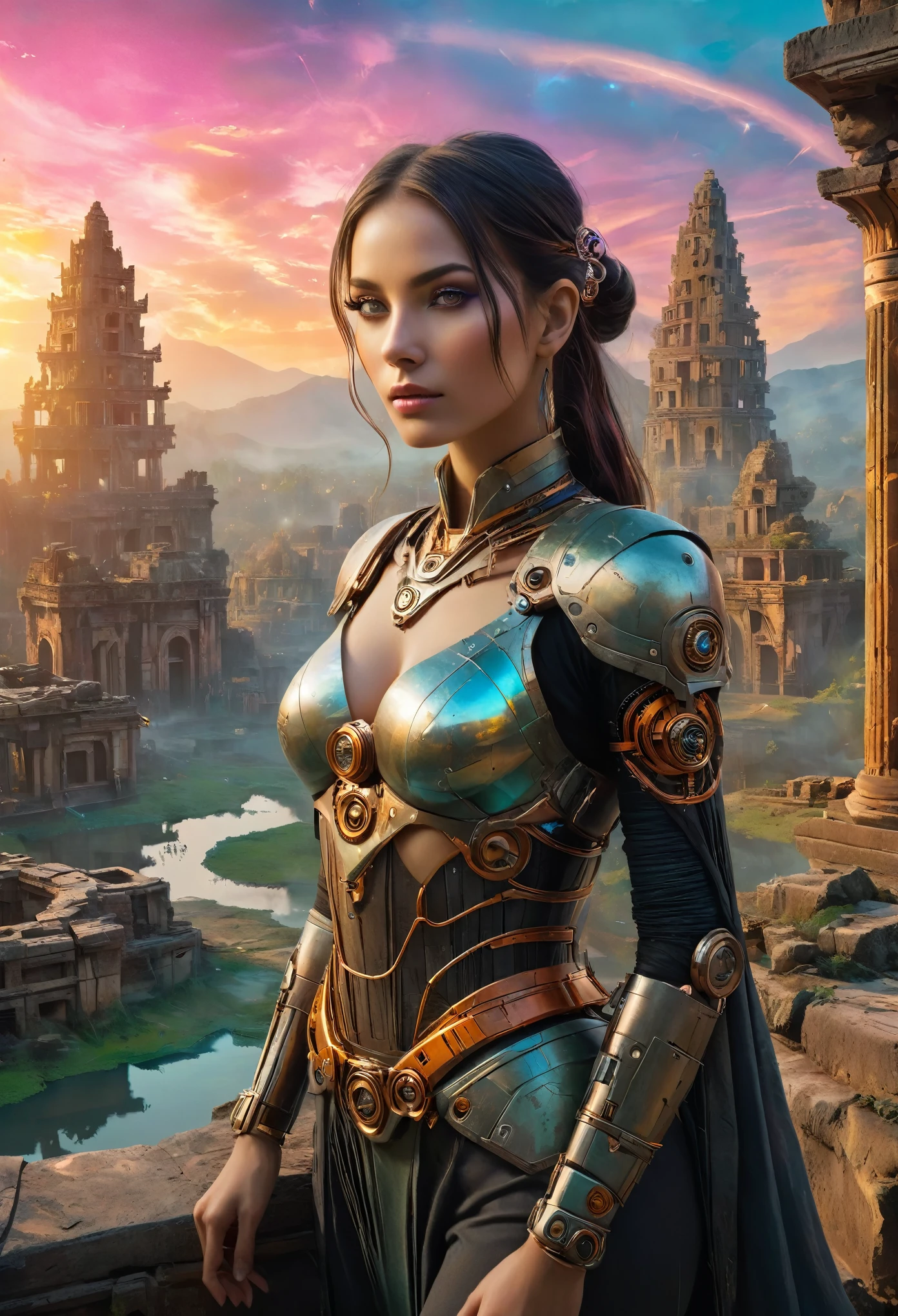 (best quality,4k,8k,highres,masterpiece:1.2),ultra-detailed,realistic:1.37,a beautiful cyborg girl standing in the ruins of the Inca Empire, Insertion, metallic body, glowing cybernetics, graceful facial features, mysterious eyes, cybernetic enhancements, ethereal appearance, the ancient stone structures, stones and vines, delicate lotus blossoms, steampunk-inspired elements, ancient technology fused with futuristic enhancements, vibrant colors contrasting with the weathered ruins, fierce determination in her eyes, holding a holographic map to unlock the secrets of the lost civilization, artistic portrait with surreal elements, soft lighting creating a dreamlike atmosphere, colorful sunrise painting the sky with shades of orange and pink, scattered ancient artifacts hinting at a forgotten past.