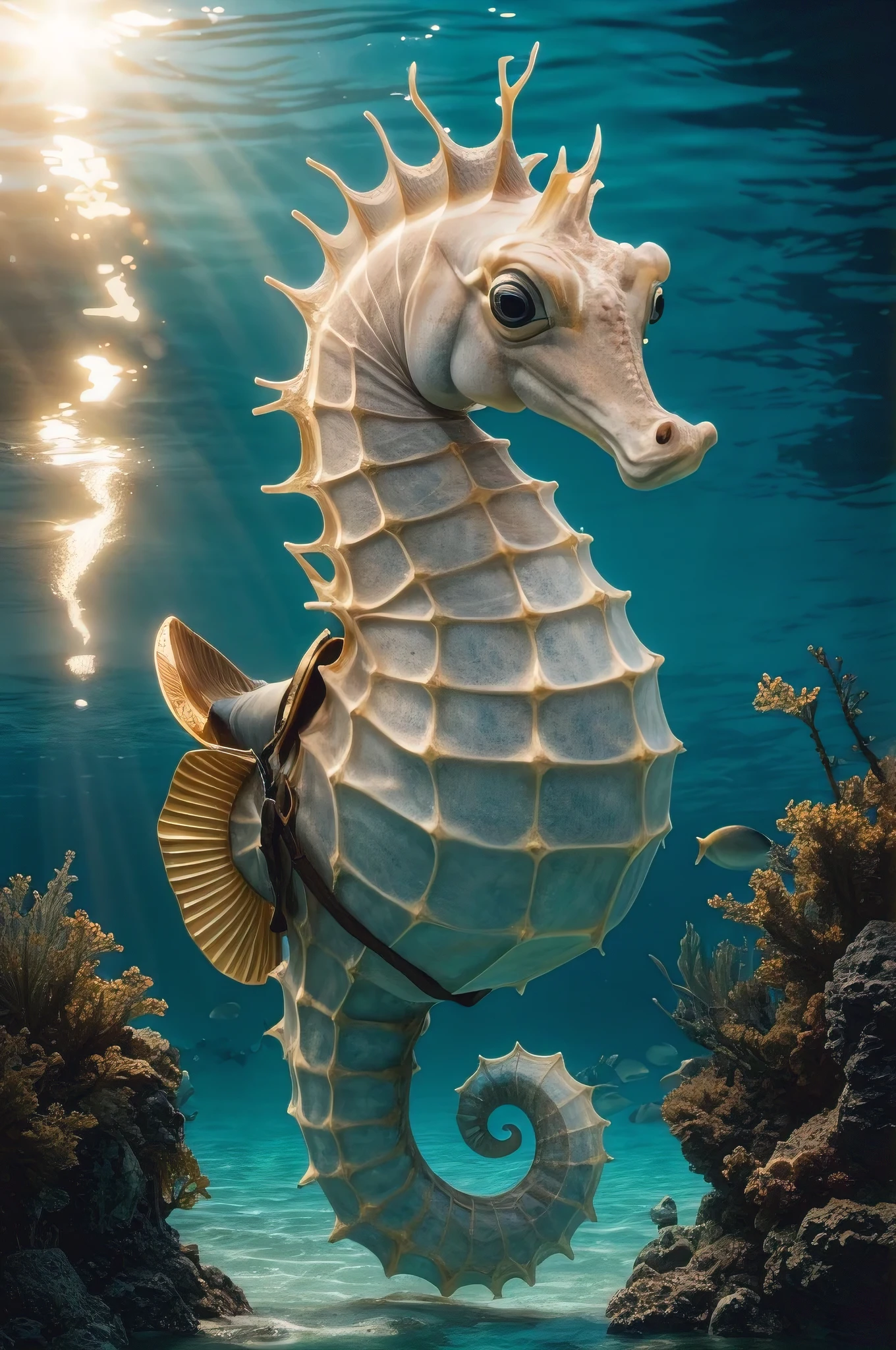 A stunning, high-quality photo of an enormous, ridable seahorse with a detailed saddle adorned with golden accents. Its head is raised proudly, displaying large, expressive eyes filled with curiosity. The turquoise sea reflects its beauty, with sunlight rays peeking through the water, casting a warm glow. Surrounding the seahorse are lush underwater plants, adding to the idyllic underwater scene.