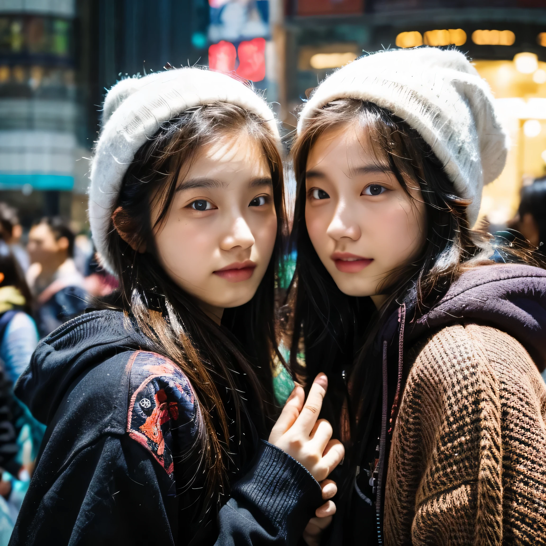 Identical twin sisters wearing black knit hats。In the background is East Nanjing Road in Shanghai。Shallow depth of field、Background is blurred。gathered in the middle。The girl on the left is、He is wearing a black hat and a black down jacket over a red hoodie.。, And with your left hand you are holding the piece close to your face.。The girl on the right is wearing a light brown hat., A black down jacket over an orange sweatshirt, And in his right hand he holds the piece.