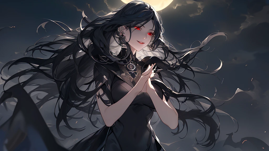(best quality, ultra-detailed, realistic:1.37), a dark magical goddess, a beautiful evil goddess, (long black hair:1.1), (piercing red eyes:1.1), (pale skin:1.1), (elegant black dress:1.1), (flowing black cape:1.1), (ornate golden jewelry:1.1), (sinister smile:1.1), surrounded by (dark swirling mist:1.1), (crimson candles:1.1) casting an eerie glow, (ominous moonlight:1.1) illuminating the scene, (black magical runes:1.1) floating in the air, (sparks of dark magic:1.1) emanating from her hands, (sinister shadows:1.1) dancing around her, (demonic creatures:1.1) bowing down in her presence, (stormy skies:1.1) brewing with power, (ominous thunder:1.1) rumbling in the distance, (a sense of foreboding:1.1) filling the air, (an enchanting aura:1.1) surrounding her, (whispers of dark spells:1.1) echoing in the wind, (a sense of mystery and danger:1.1) permeating the atmosphere.