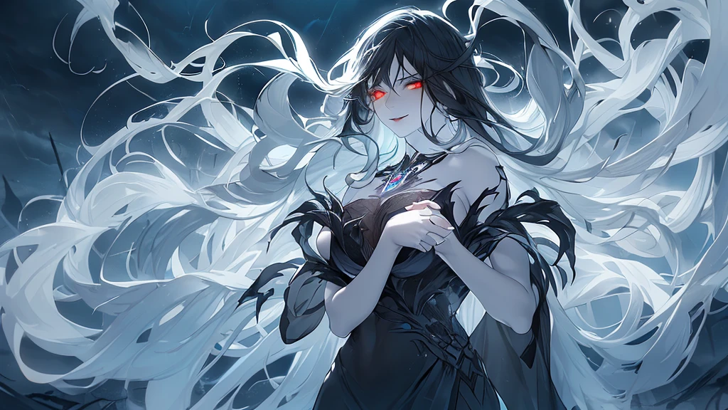 (best quality, ultra-detailed, realistic:1.37), a dark magical goddess, a beautiful evil goddess, (long black hair:1.1), (piercing red eyes:1.1), (pale skin:1.1), (elegant black dress:1.1), (flowing black cape:1.1), (ornate golden jewelry:1.1), (sinister smile:1.1), surrounded by (dark swirling mist:1.1), (crimson candles:1.1) casting an eerie glow, (ominous moonlight:1.1) illuminating the scene, (black magical runes:1.1) floating in the air, (sparks of dark magic:1.1) emanating from her hands, (sinister shadows:1.1) dancing around her, (demonic creatures:1.1) bowing down in her presence, (stormy skies:1.1) brewing with power, (ominous thunder:1.1) rumbling in the distance, (a sense of foreboding:1.1) filling the air, (an enchanting aura:1.1) surrounding her, (whispers of dark spells:1.1) echoing in the wind, (a sense of mystery and danger:1.1) permeating the atmosphere.