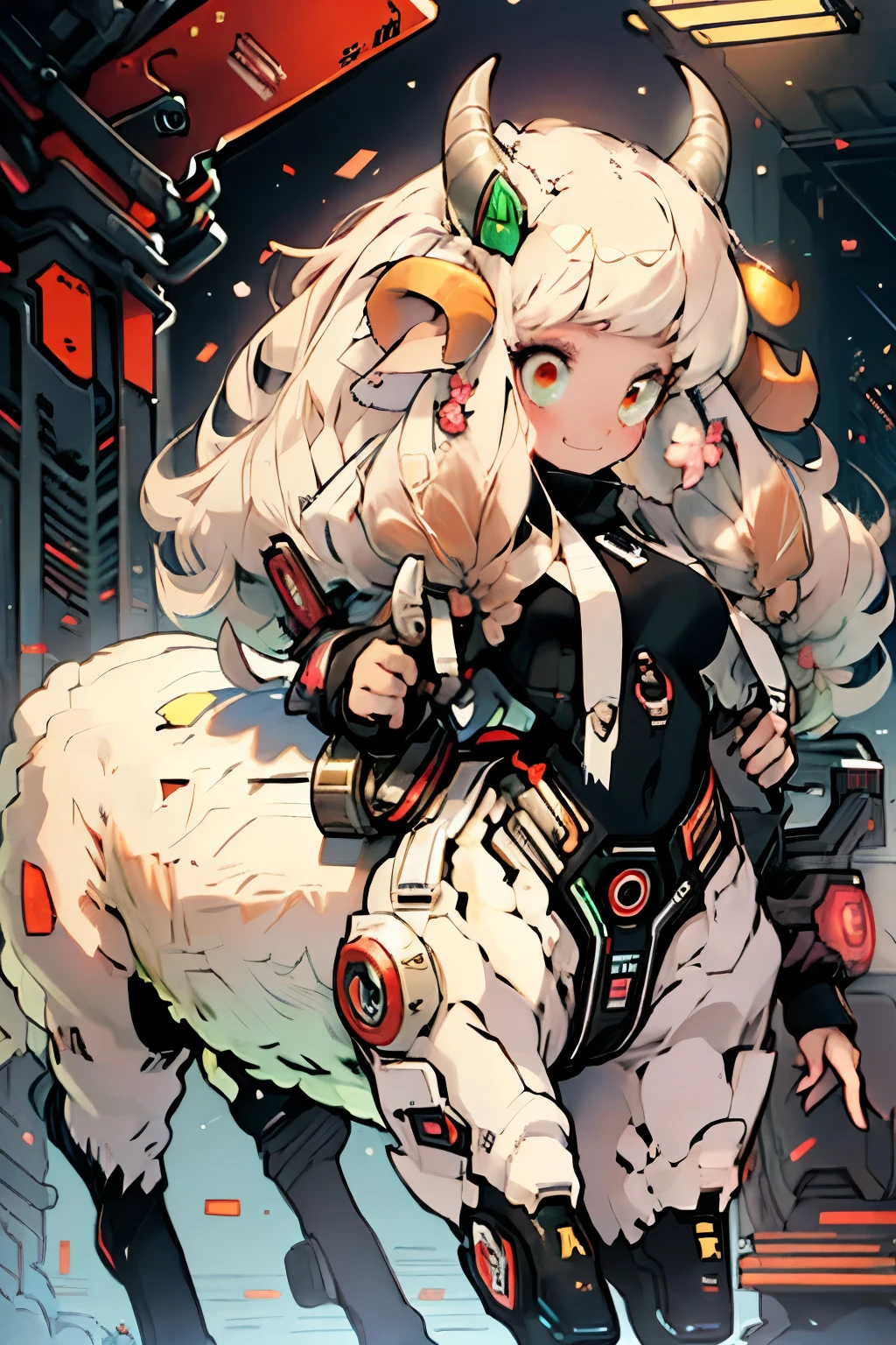 (best quality,4k,8k,highres,masterpiece:1.2),ultra-detailed,realistic,fluffy sheep centaur,cartoon style,digital illustration,white wool,curly hair,lush green meadow,curved horns,gentle expression,human torso and legs,hooves,cute and friendly,friendly smile,magical atmosphere,soft and warm lighting,colorful flowers in the background,peaceful and serene ambiance