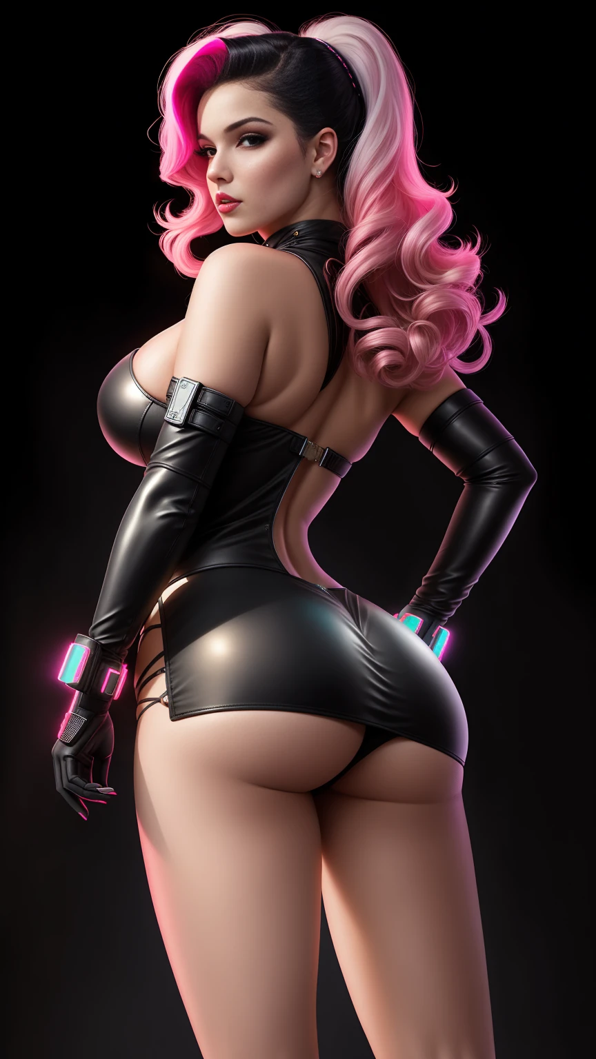 there is Rita Hayworth standing, ((nice ass:1.4)), 3 d neon art of a womans body, neon-noir background, cyberpunk femme fatale, seductive cyberpunk dark fantasy, cyberpunk strip clubs, cyberpunk 20 y. o model girl, oppai cyberpunk, banner, high definition cgsociety, cgsociety masterpiece, trending on cgstation, kda, random hair, looking at camera, gigantic breasts, cleavage, (high detailed skin:1.2), 8k uhd, dslr, super lighting, high quality, film grain, high res, highly detailed, hyper realistic, beautiful face, beautiful body, beautiful eyes nose lips, alluring expression, very bold, upper visible, full body photo, standing legs apart, pale translucent glowing skin, most beautiful face, cute, (well defined pubic hair:1.2)), (dark plain black background:1.4))