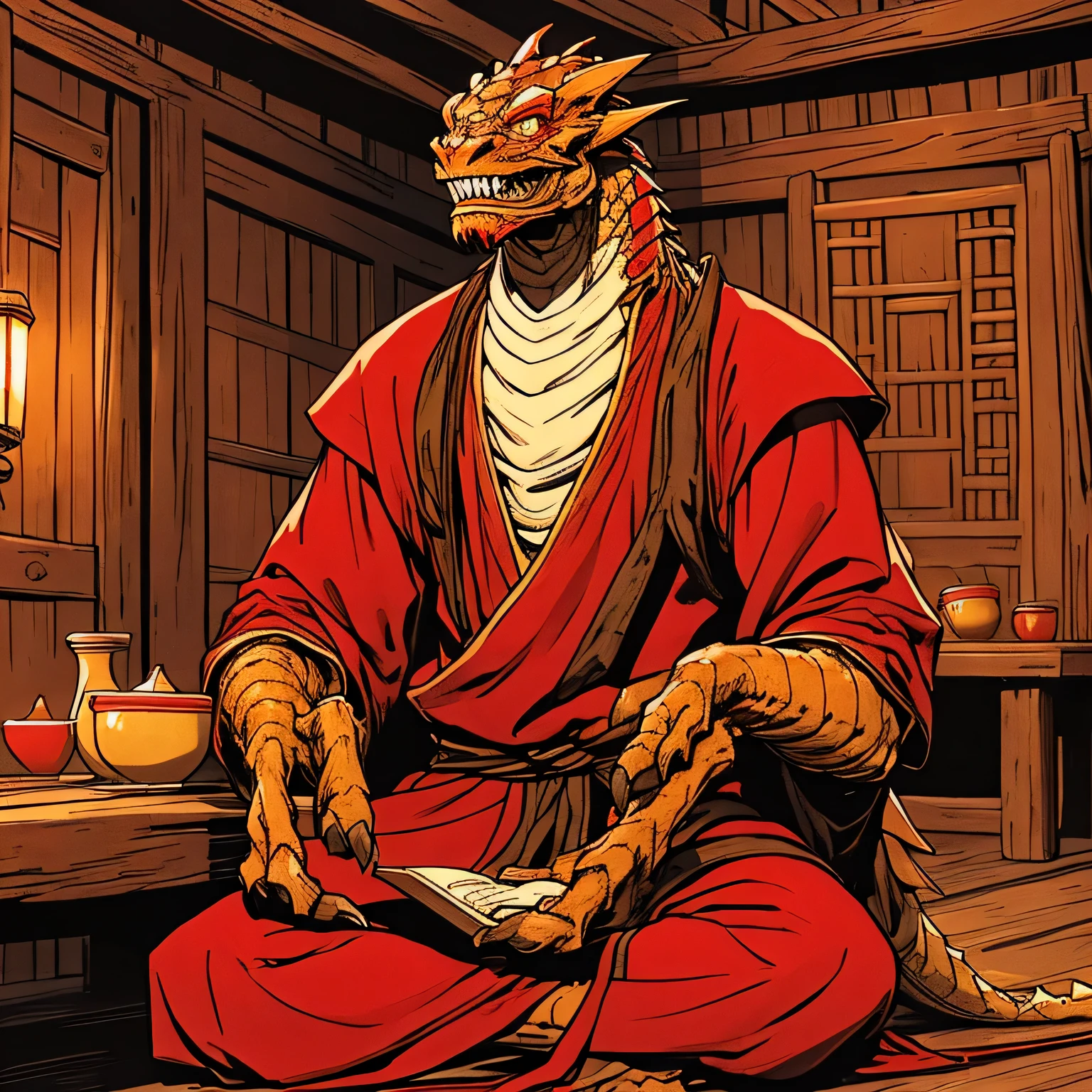 an old humanoid dragon, wearing oriental clothes, sitting in a medieval tavern, he is red, he is small and smiling, he is very thin, skiny