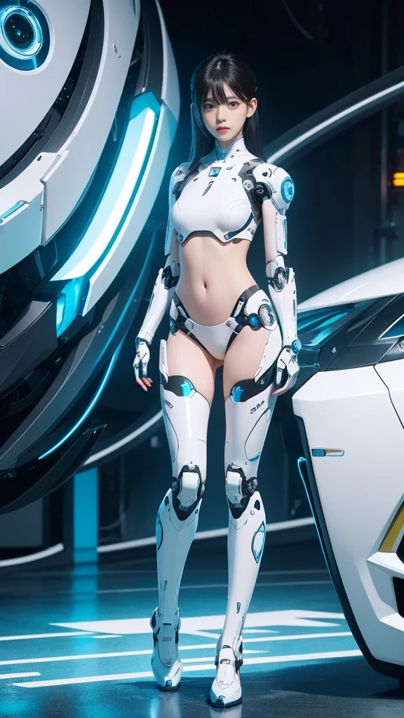 best quality, 1080P, Masterpiece, Ultra high resolution, realistic, ultra realism, Realistic skin texture, Extreme skin detail, DSLR, Detailed eyes, Double eyelids, very beautiful face, Concise facial structure, Gorgeous Asian woman, Pale skin, Realistic skin texture, Extreme skin detail, oc render reflection textures, Realistic light and shadow, Single picture, alone, Age 20, Height 165, naked girl, nude, no underwear, {{A girl with the body of a mechanical robot., The mechanical cervix is attached to the neck., beautiful breasts, White mechanical shoulder armor on both sides., elbow with mechanical joint, White mechanical hip armor on both sides with a circular blue neon light in the middle., flat stomach, perfect robot arm, perfect robot legs, Balanced slender body,full body view, Whole body photo.}}