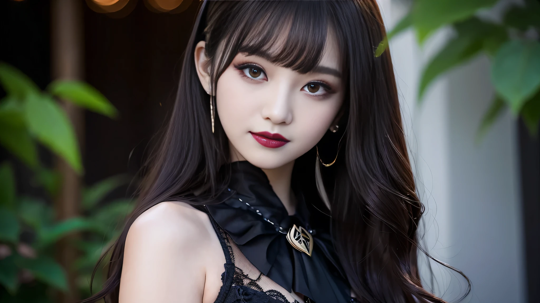 best quality、ultra-detailed、4k、Japanese、Seductive beauty、seductive adult woman、Pretty Woman、cool girl、Villainess、Brainwashed、brainwash、Fallen into evil、smirk、Evil look、Wicked Smile、evil、Brown hair、wavy hair、swept bangs、dark makeup、dark makeup、piercing eyes、hollow eyes,half-closed eyes、Hollow Eyes、purple Eyeshadow、black lipstick、black lipglos、Dark Costume、Costume of Evil、female cadres、night、inside school、Have lipstick、Emblem of Evil、Crest of Darkness、Swear allegiance、I have pledged my allegiance、Dye black、Blackening、Stained with evil、Dyed in darkness、Seduce