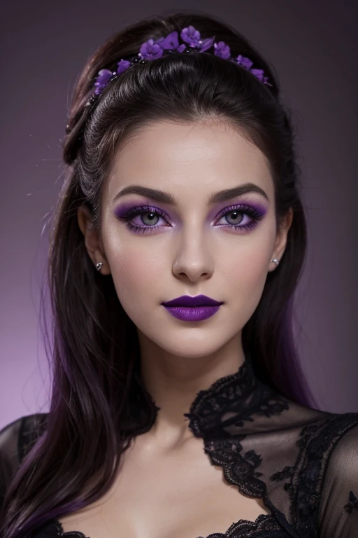 Jeune femme de 25 ans, visage fin, cheveux long, yeux marrons, HD, 8K, masterpiece, sourire romantique, sexy, mascara noir, maquillage noir, black lips, tenue gothique, vêtements noirs et violets, toile d'araignée en dentelle, cheveux noirs et violets, bodypainting, purple paint, purple tears on the cheecks, dracula, lying in a large purple velvet bed