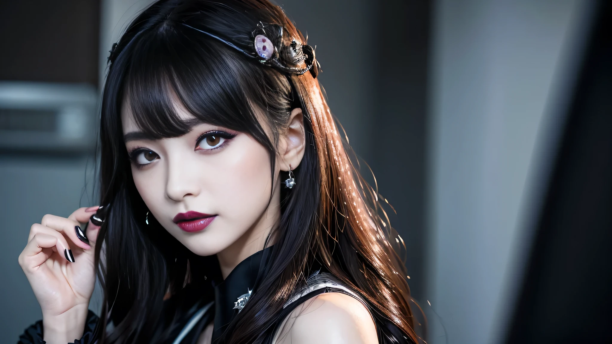 best quality、ultra-detailed、4k、Japanese、Seductive beauty、seductive adult woman、Pretty Woman、cool girl、Villainess、Brainwashed、brainwash、Fallen into evil、smirk、Evil look、Wicked Smile、evil、Brown hair、wavy hair、swept bangs、dark makeup、dark makeup、piercing eyes、hollow eyes,half-closed eyes、Hollow Eyes、purple Eyeshadow、black lipstick、black lipglos、Dark Costume、Costume of Evil、female cadres、night、inside school、Have lipstick、Emblem of Evil、Crest of Darkness、Swear allegiance、I have pledged my allegiance、Dye black、Blackening、Stained with evil、Dyed in darkness、Seduce