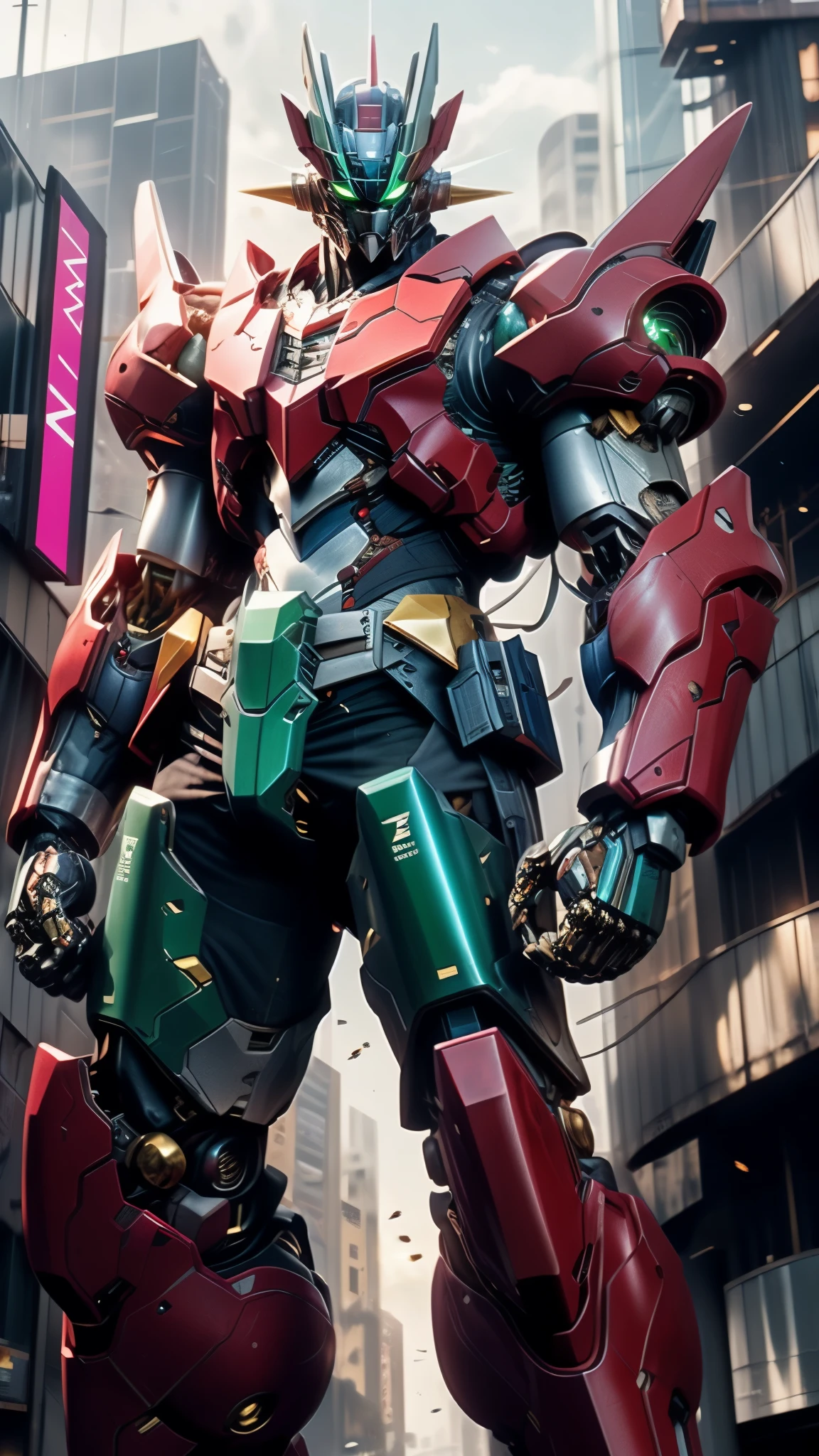 A man wearing a full-face helmet, a fantasy-style biotech armored combat suit, green eyes, (a composite layered chest armor), fully enclosed shoulder guards, matching arm and leg guards, the belt is adorned with Z mark, (the color scheme is primarily white with red and blue accents), the design balances heavy with agility, a high-tech bio-mecha armor, (Armor Concept Inspired by Mazinger Z, stand on the top of a skyscraper in a futuristic sci-fi city), this character embodies a finely crafted fantasy-surreal style armored hero in anime style, exquisite and mature manga art style, (battle damage, element, plasma, energy, the armor glows), ((male:1.5)), metallic, real texture material, dramatic, high definition, best quality, highres, ultra-detailed, ultra-fine painting, extremely delicate, professional, perfect body proportions, golden ratio, anatomically correct, symmetrical face, extremely detailed eyes and face, high quality eyes, creativity, RAW photo, UHD, 32k, Natural light, cinematic lighting, masterpiece-anatomy-perfect, masterpiece:1.5