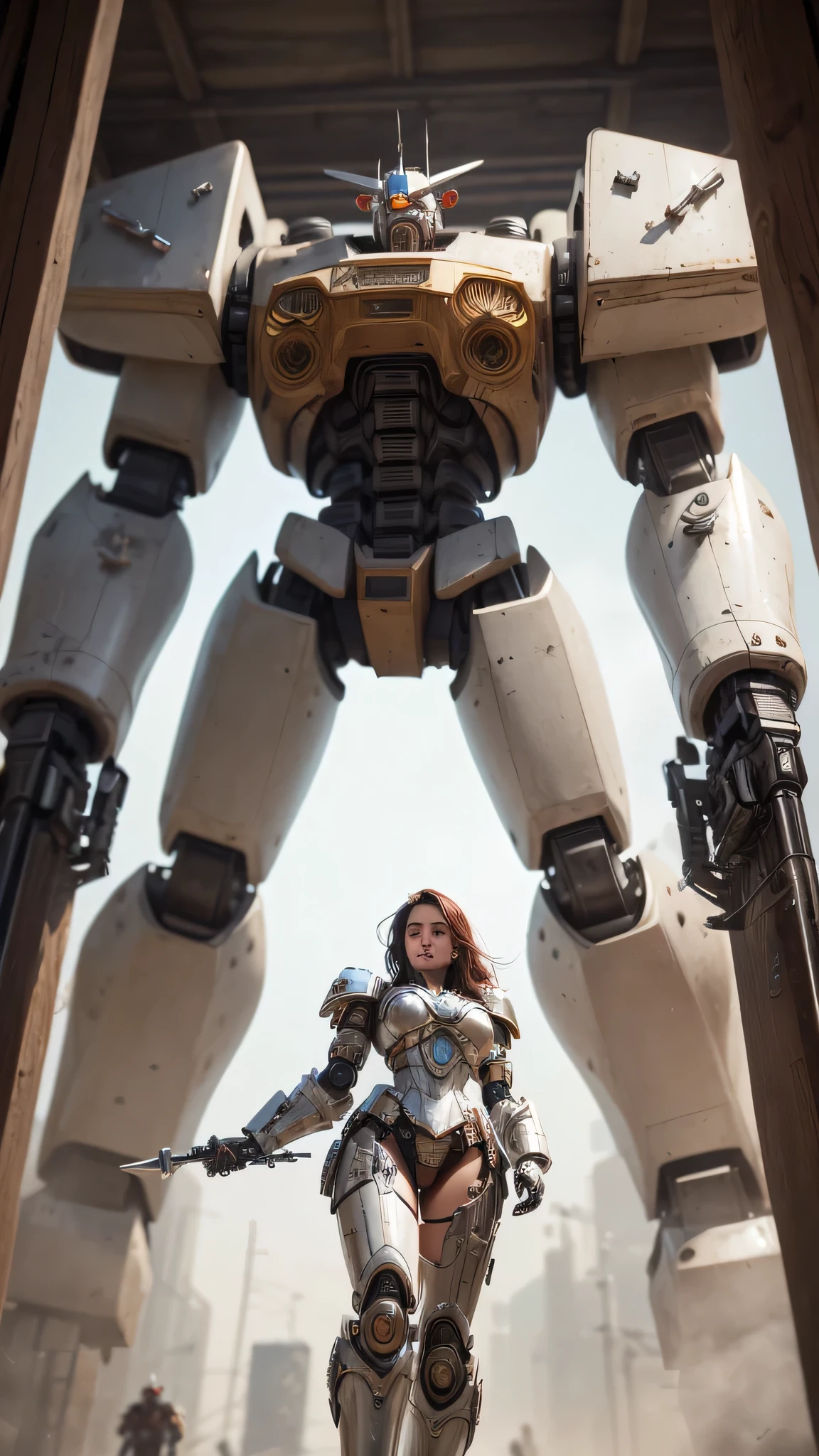 ((best quality: 1.5, masterpiece)), intricate details, soft focus, professional, real life, realistic representation of the face, dim volumetric lighting, dynamic pose, in the style of realistic and hyper detailed renderings BREAK (((2 characters, one cyberpunk steampunk girl, clockwork armor, perfectchainmail (ivory chrome armor:1.4, background red white mecha, mechanical robot, weapons, Warhammer Dreadnaught, from below)))), film grain, bokeh, black background, dark empty room, photorealistic, hyper-realistic, 8K
