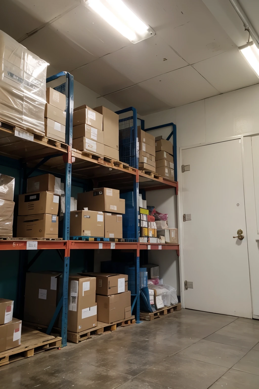 Warehouse full of merchandise, con racks de color azul y bien iluminado. Mas grande