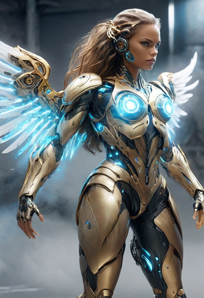 You have a mission!! task (((The most beautiful bionic angel in a perfectly tailored outfit in a given situation))), (give the solution!!), (((one rule is the golden ratio and white balance))), ((always draw hands and fingers correctly, correct them if you make a mistake)), In the darkness, a woman's figure is illuminated by a circular light that frames her head, young cyborgetic angelic female, complete body, Caucasian skin, short, body, bio cyborg body, show cleavage, bio cyborg arm's, curved lips, long fire hair, bio cyborg legs, battle Valhalla background, ultra detailed lighting, Translucent mechanical wing , ultrarealistic, 8k, neon golden eyes,