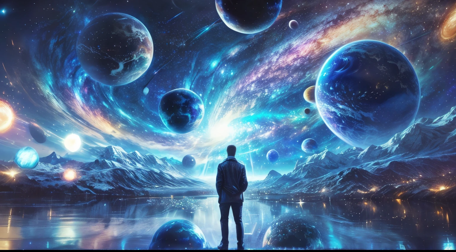 a man standing in front of a galaxy with planets and stars, the encrypted metaverse, deeper into the metaverse we go, inspired by Cyril Rolando, in the multiverse, endless cosmos in the background, ascending universes, in the astral plane ) ) ), looking out into the cosmos, another universe, surreal space, end of the universe, in the universe