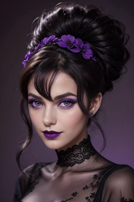 Jeune femme de 25 ans, visage fin, cheveux long, yeux marrons, HD, 8K, masterpiece, sourire romantique, sexy, mascara noir, maquillage noir, black lips, tenue gothique, vêtements noirs et violets, toile d'araignée en dentelle, cheveux noirs et violets, in a cemetery, bodypainting, purple paint, dracula, moon light