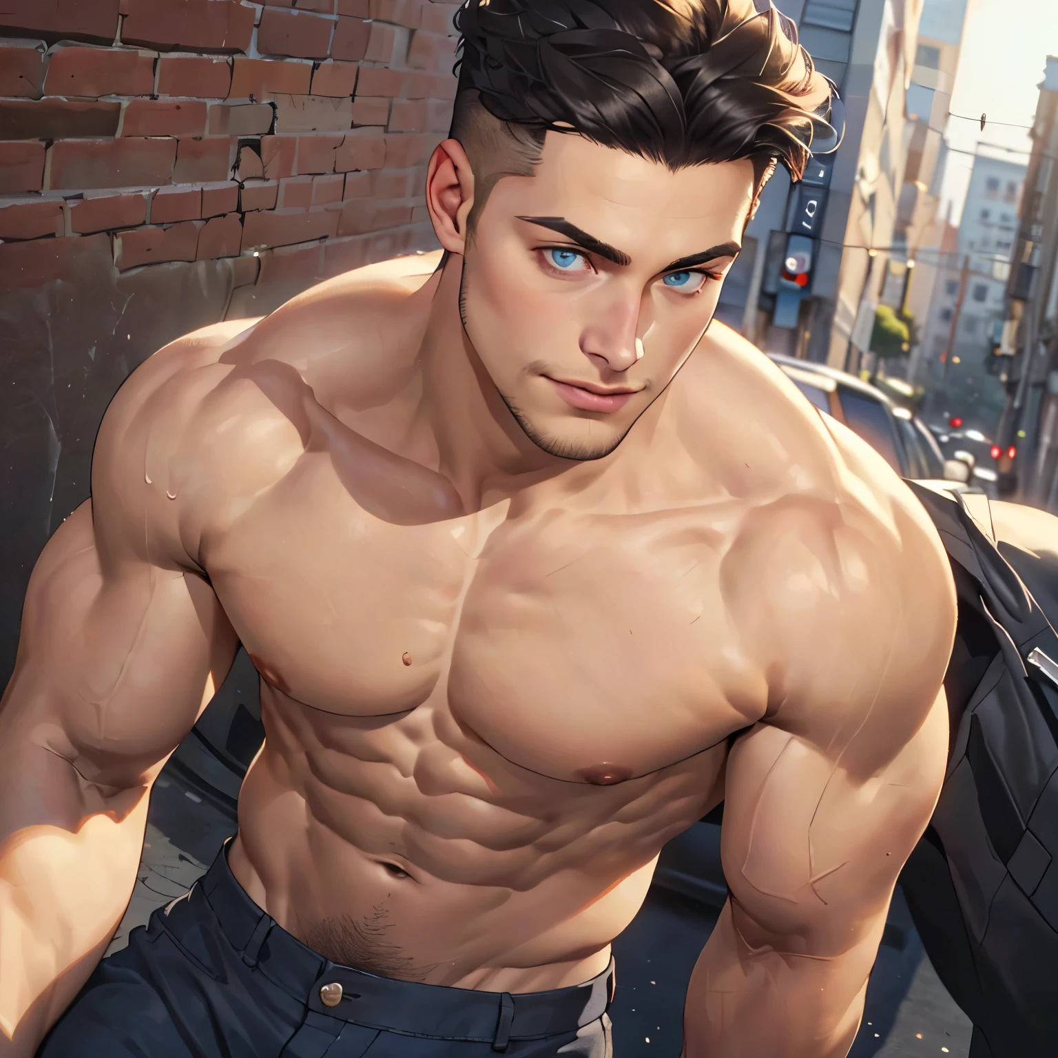 ((the best quality)), ((Masterpiece)), (details), perfect face, high definition, Masterpiece,4k,details clearly, Handsome face, white skin, perfect body, male body, strong muscles, abdomen, blue eyes, white skin, The most handsome man in the world, handsome, The coolest face, Male characters, close image (1man, shirtless), young man, mischievous smile, Extremely muscular tall man, open your eyes ((detailed eyes)), huge, muscular body and Massive, bulging pecs, muscular abs, narrow waist, short hair, blue eyes, delicate big eyes, carefree expression, clear face, handsome (detailed face, perfect face) ((extremely realistic shadows, bodybuilding posture, human, ((22-year-old young man)), V shape, athletic pants, athletic, Shirtless, Sunlight, City, lower pants, topless, close up look, CG sense, Textured skin, the best quality, Storytelling images, lower your pants, show Panty line, Show your abs, show arm muscle, Black hair, shining blue eyes, eyes contact, high school