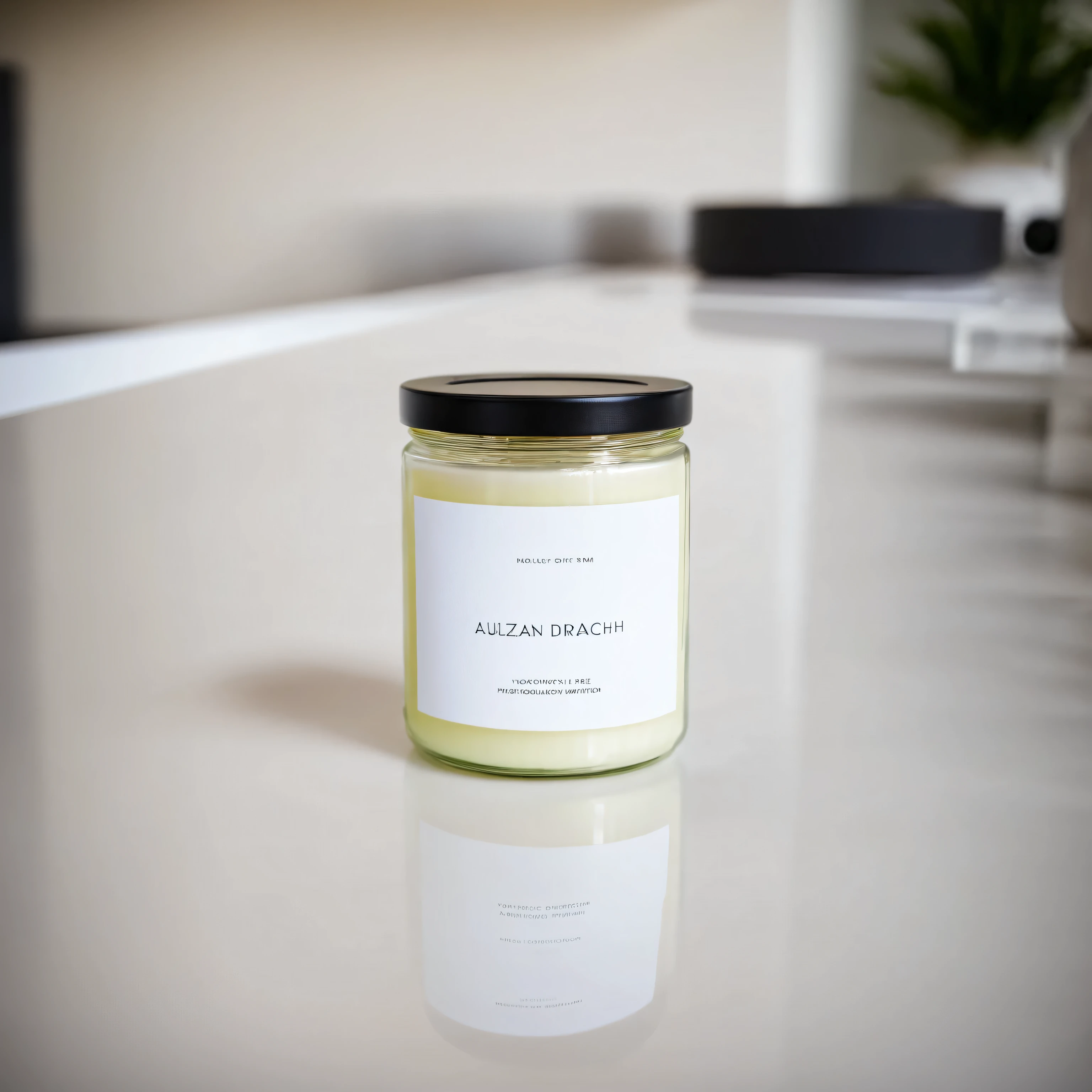 small candle in a jar with white label and black lid, standing on a table in modernistic, designer interior, professional photography, a7s camera, 50mm lens, macro, shallow depth of field, daylight