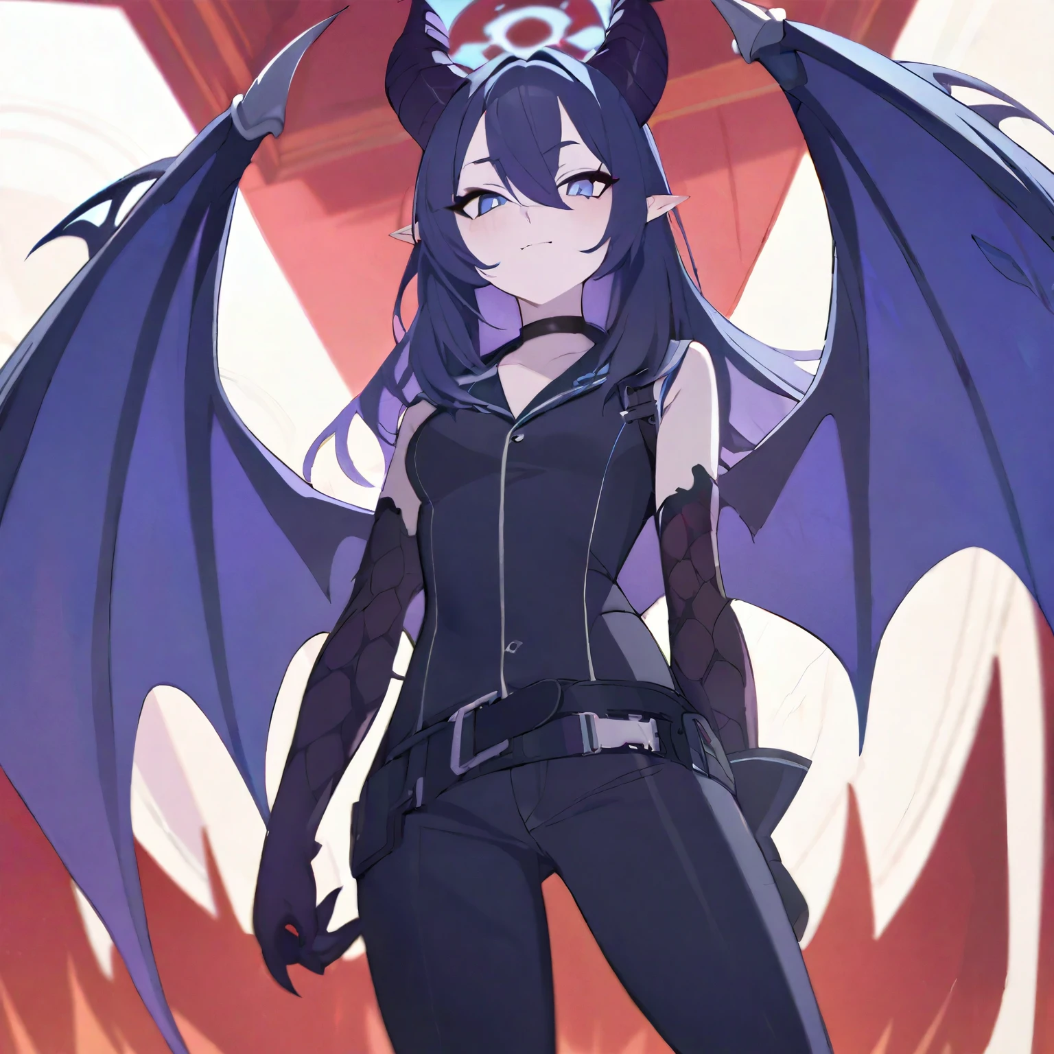 Blue Archive,Hall of All Devils,Dragon Wings,Dragon&#39;s Tail,Dragon Horn,girl,Big Breasts,Black Hair,German military uniform,Machine gun on the right,Satchel explosives in left hand,fly in the sky,Dragon Wingsで羽ばたく
