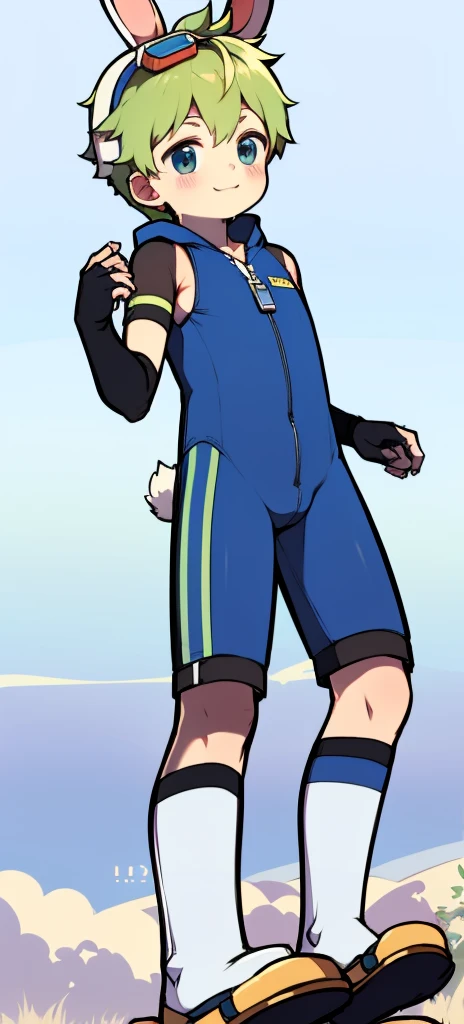 ((A young boy)),(Youthful feeling),One-piece mountaineering suit,Slender figure,Healthy limbs,Goggles,Fingerless gloves,Cotton socks,Short sleeve,stand up,happy,Rabbit ears,Rabbit Tail
