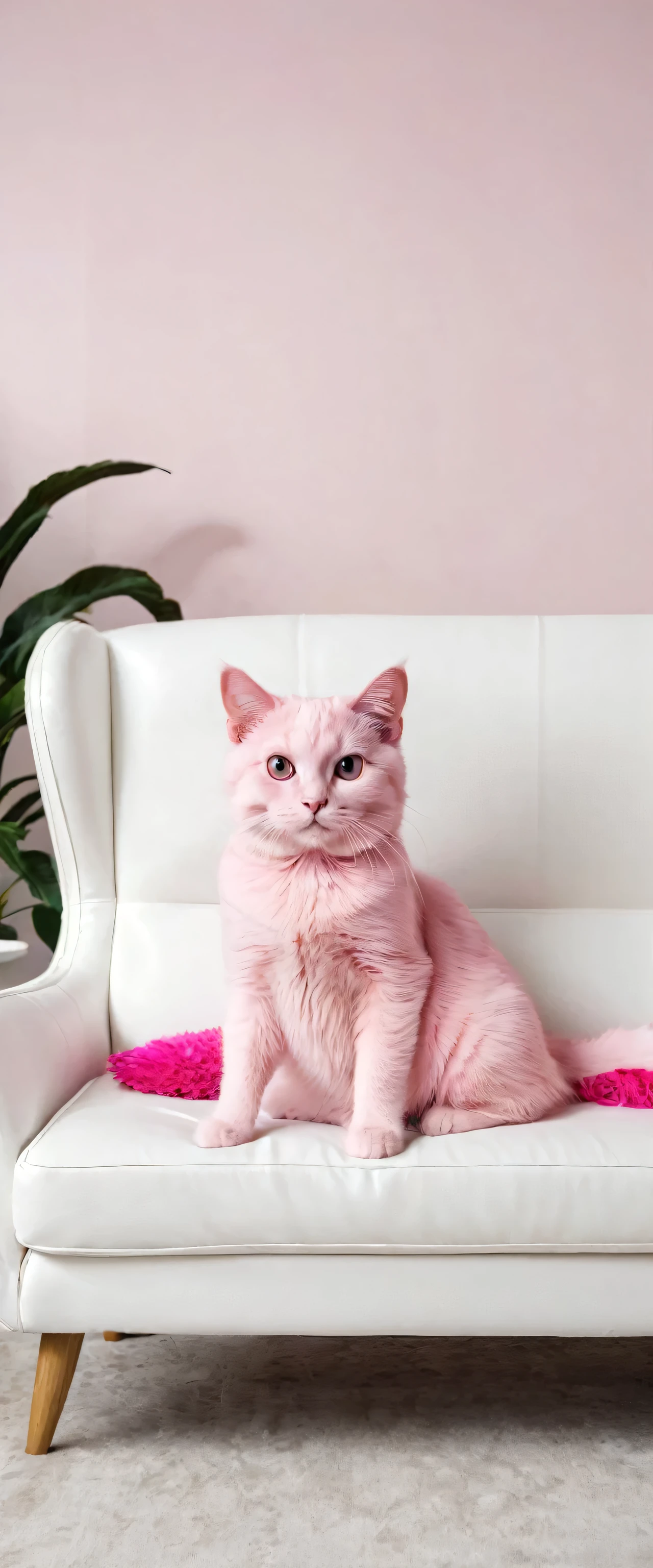 create a pink cat on a white couch