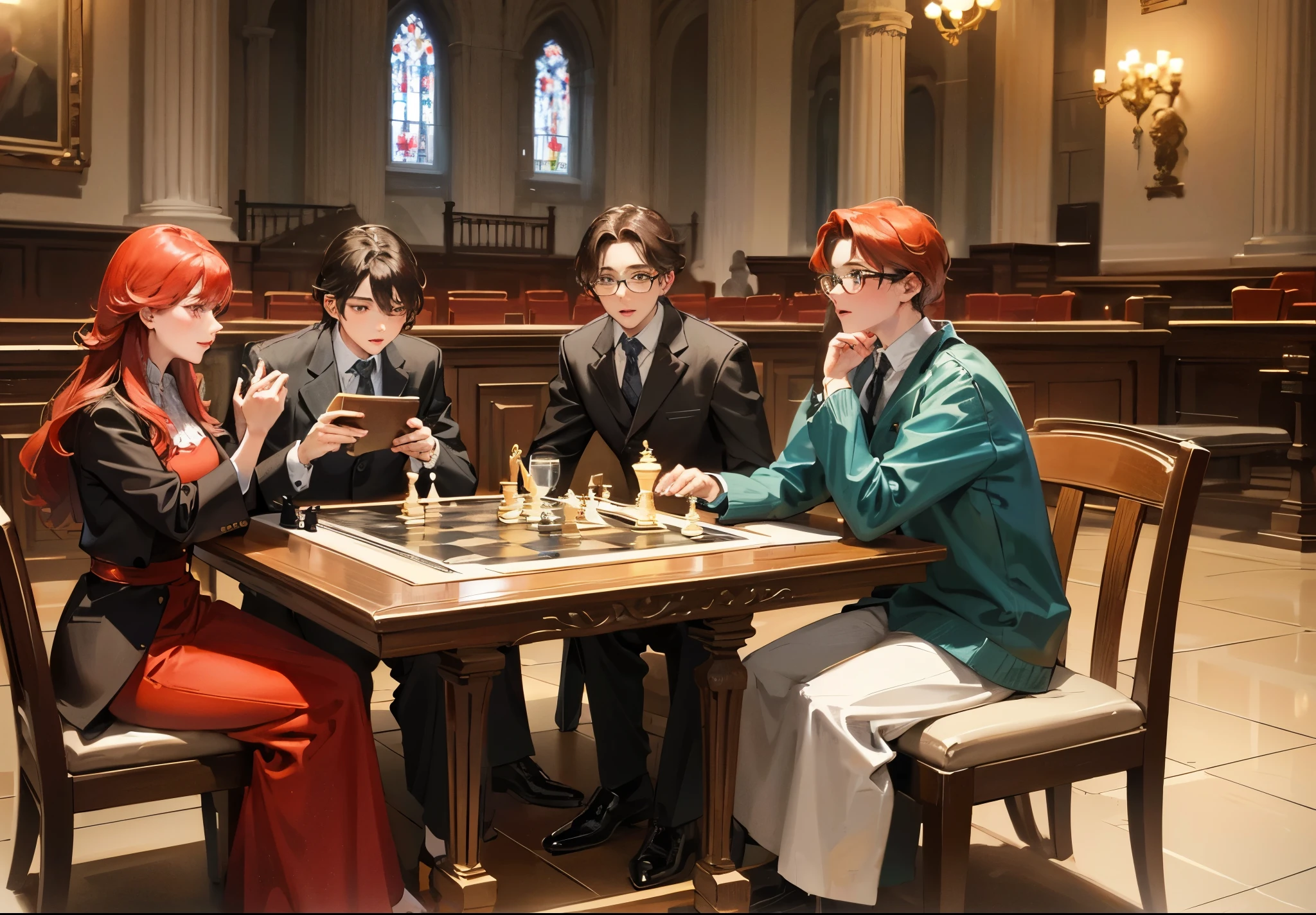 Christ Church at Night Four men and women playing chess. One is a red-haired woman and the other is a man with glasses.