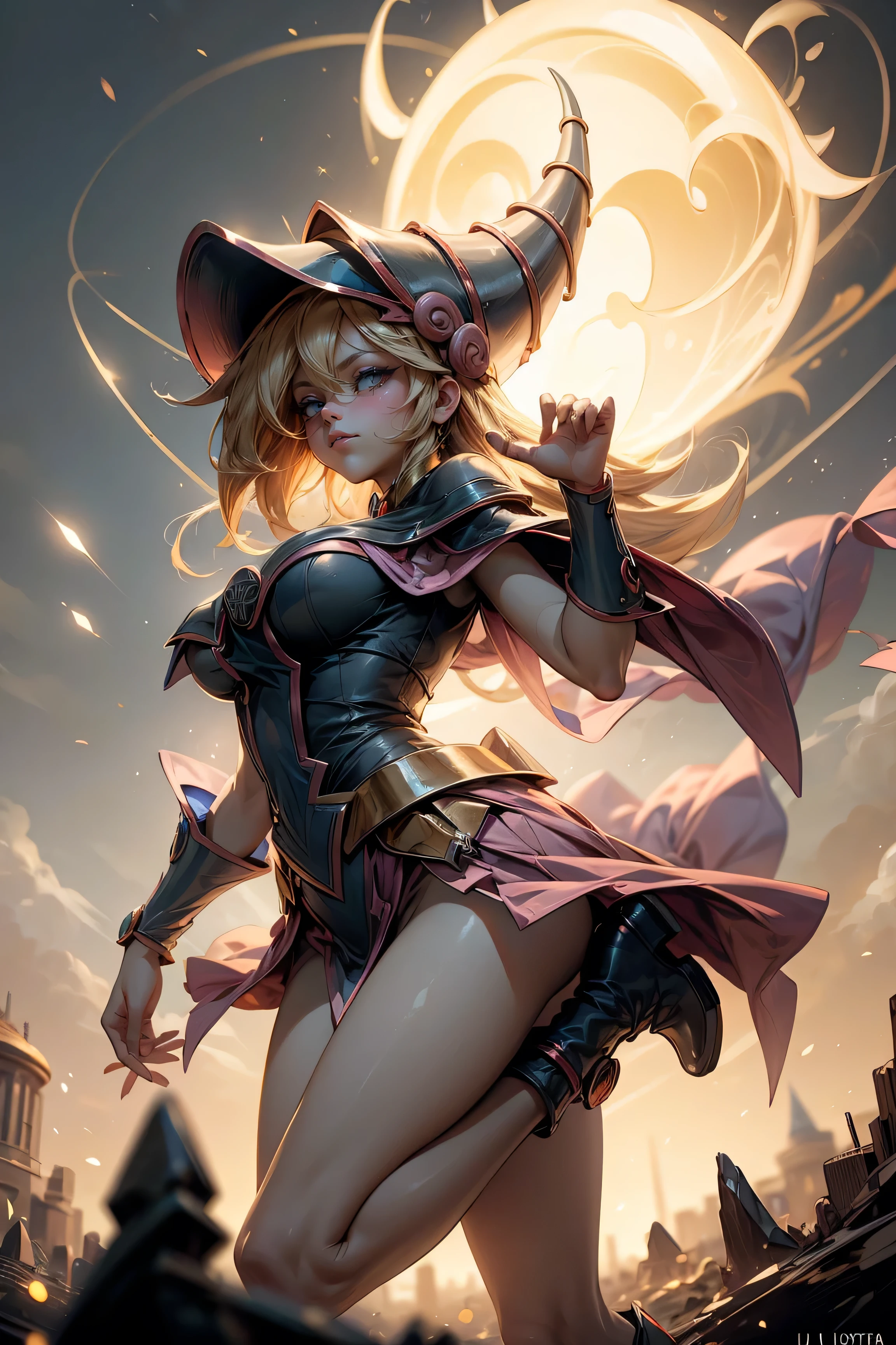 (Obra maestra:1.2), (La mejor calidad:1.2), perfect lighting, Chica Maga Oscura lanzando un hechizo, En sus veinte, flotando en el aire, tetas grandes, escote, bata azul, sombrero grande, desde arriba, Destellos, Yugioh juego, magic of the heart. luces del corazon, Romantic heart