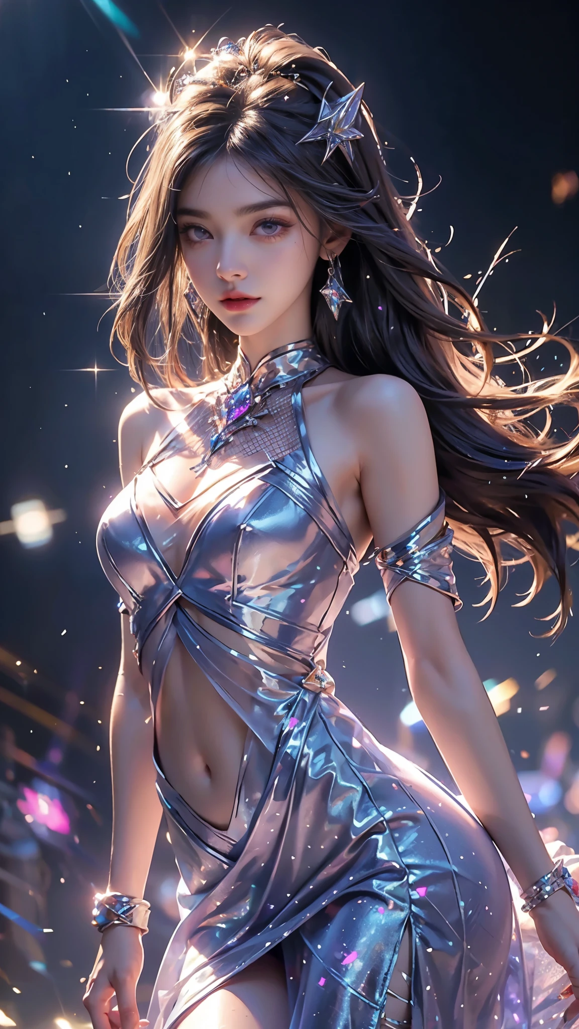 4K, UHD, masterpiece, Best quality, 1 girl, detailed face, detailed eyes, realistic Eyelid, Kda, Alone, very Long hair, small breasts, ((white sparkle dress)), ankle-length skirt, ((mesh sardine)), ((bare navel)), looking at viewert, glowing crystals, heart sparkle, neon sparkle, bloom, ray tracing, god rays, HDR, DSLR,