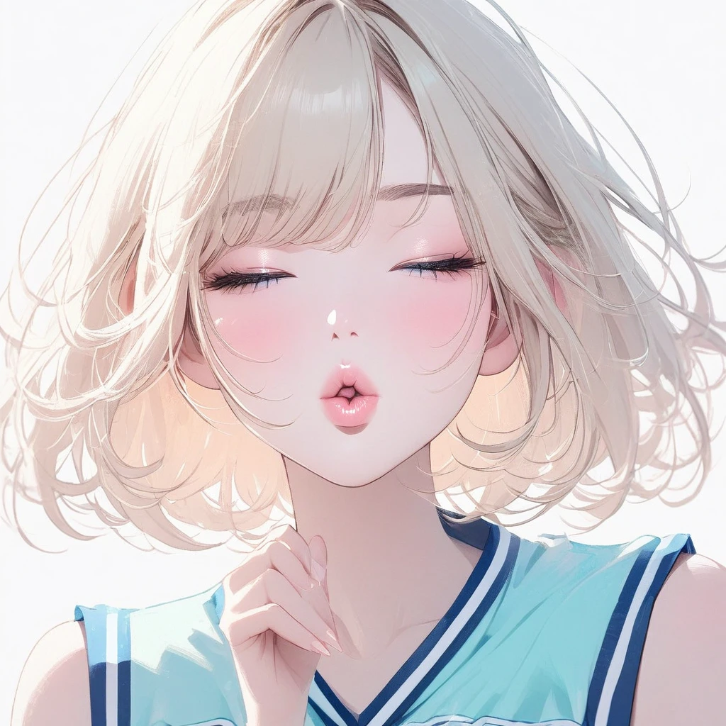 Girl, light blonde hair, blue eyes, beautiful, cheerleader uniform, pastel colors, face close-up, flat, lipgloss, brat, ethereal, short hair, puckering up, kissy face, blowing a kiss, lips closed