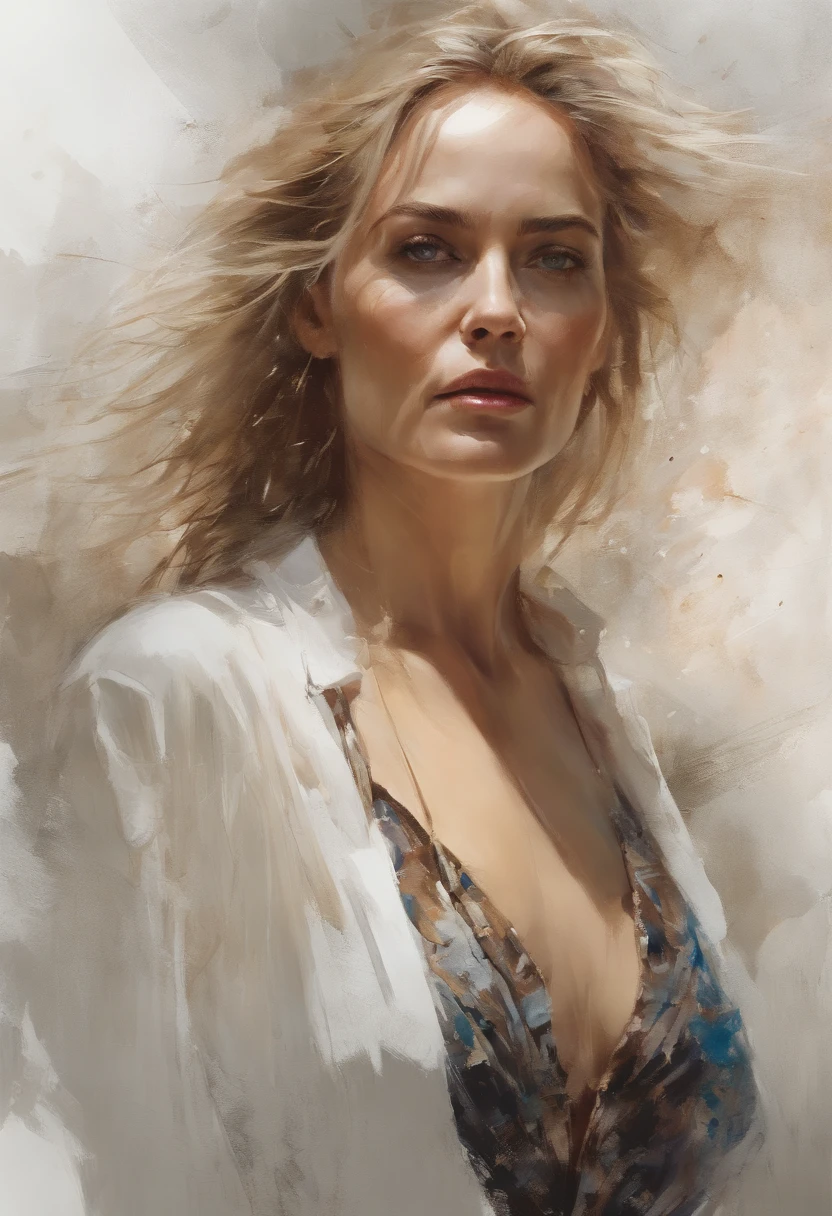 Perfect centering, Sharon Stone, standing position, beleza abstrata, centrado, looking at the camera, facing the camera, approaching perfection, dynamic, altamente detalhado, suave, sharp focus, 8K, high definition resolution, illustration, arte de Carne Griffiths e Wadim Kashin, fundo branco