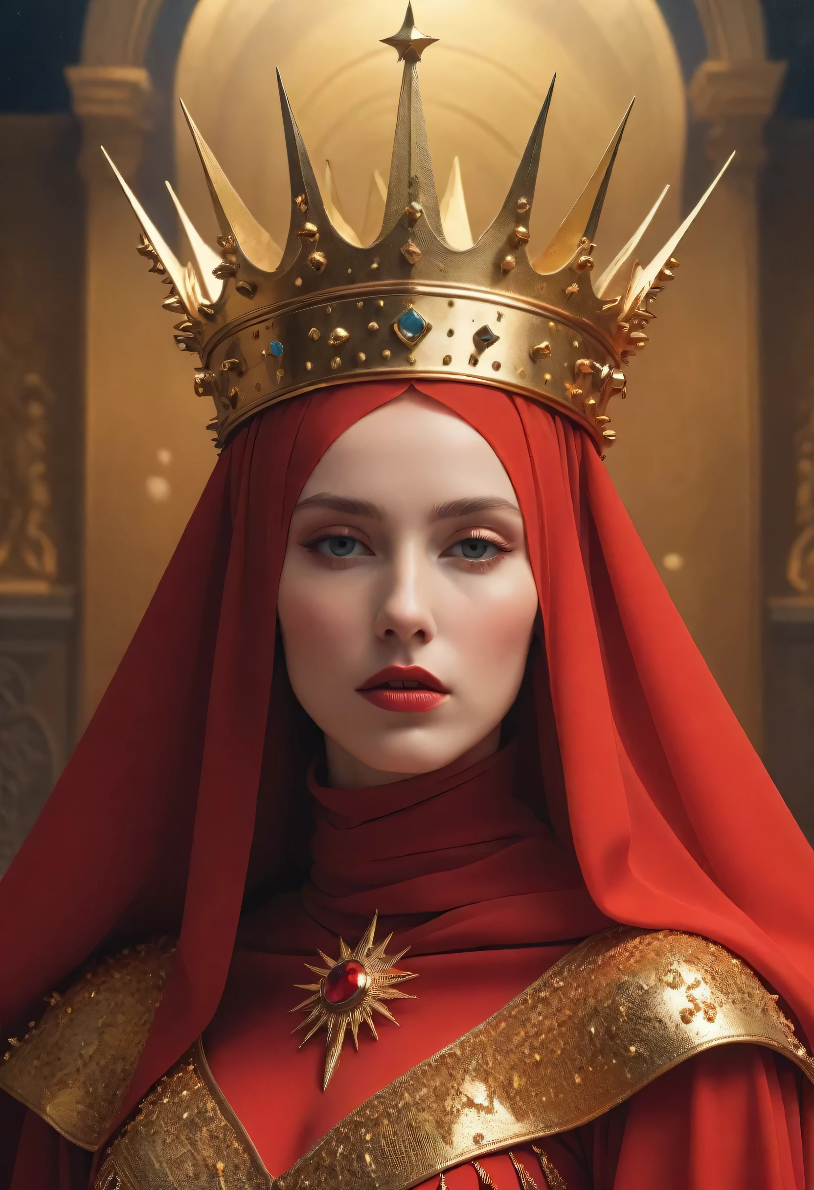 lady in red veils her face and has a large golden spiked crown, in the style of celestial fasion, otherworldly beauty, davide sorrenti, celestialpunk, album covers, fra angelico, aykut aydogdu, queencore, golden age aesthetics