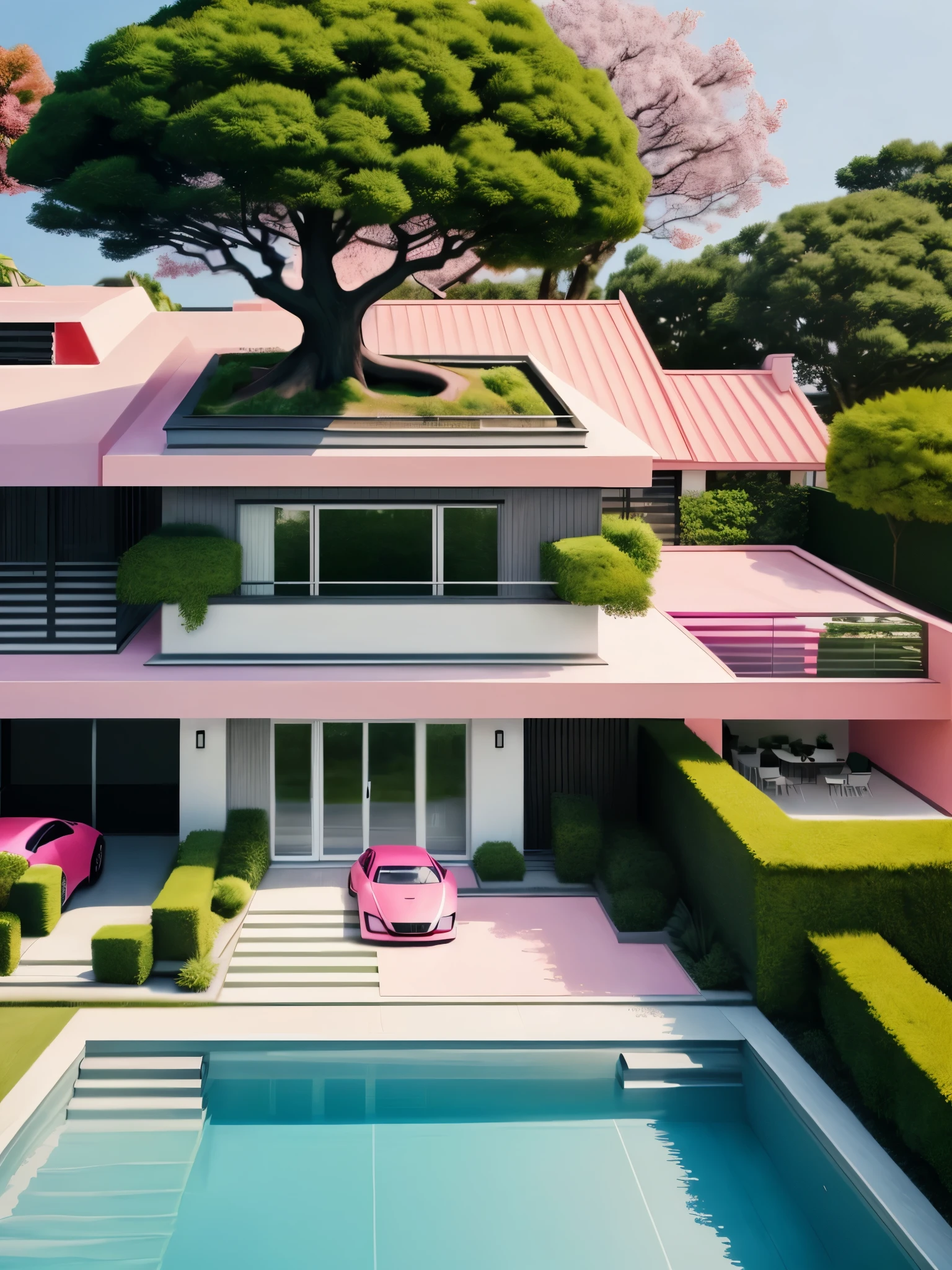 modern house, exterior, pink, pop art style, tree, flower, outdoors, blurry background, realistic, bush, lamp, supercar, swimmingpool, pool party, realistic people