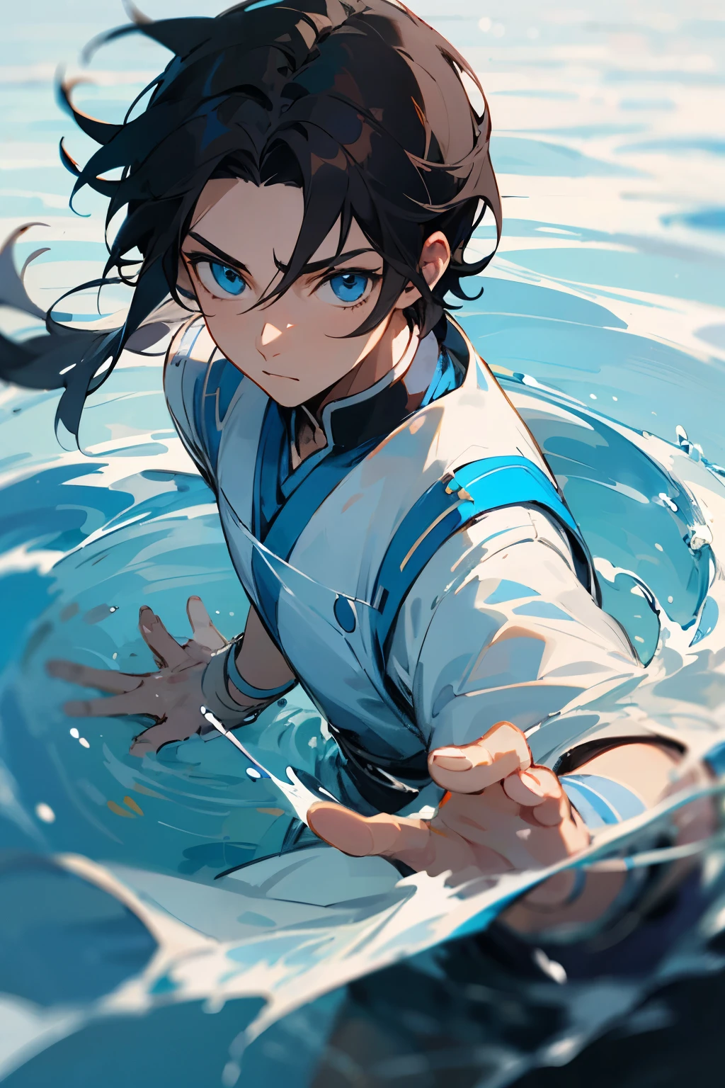 Male, Dark hair, Bright Blue eyes, Water, controling Water, waterbender