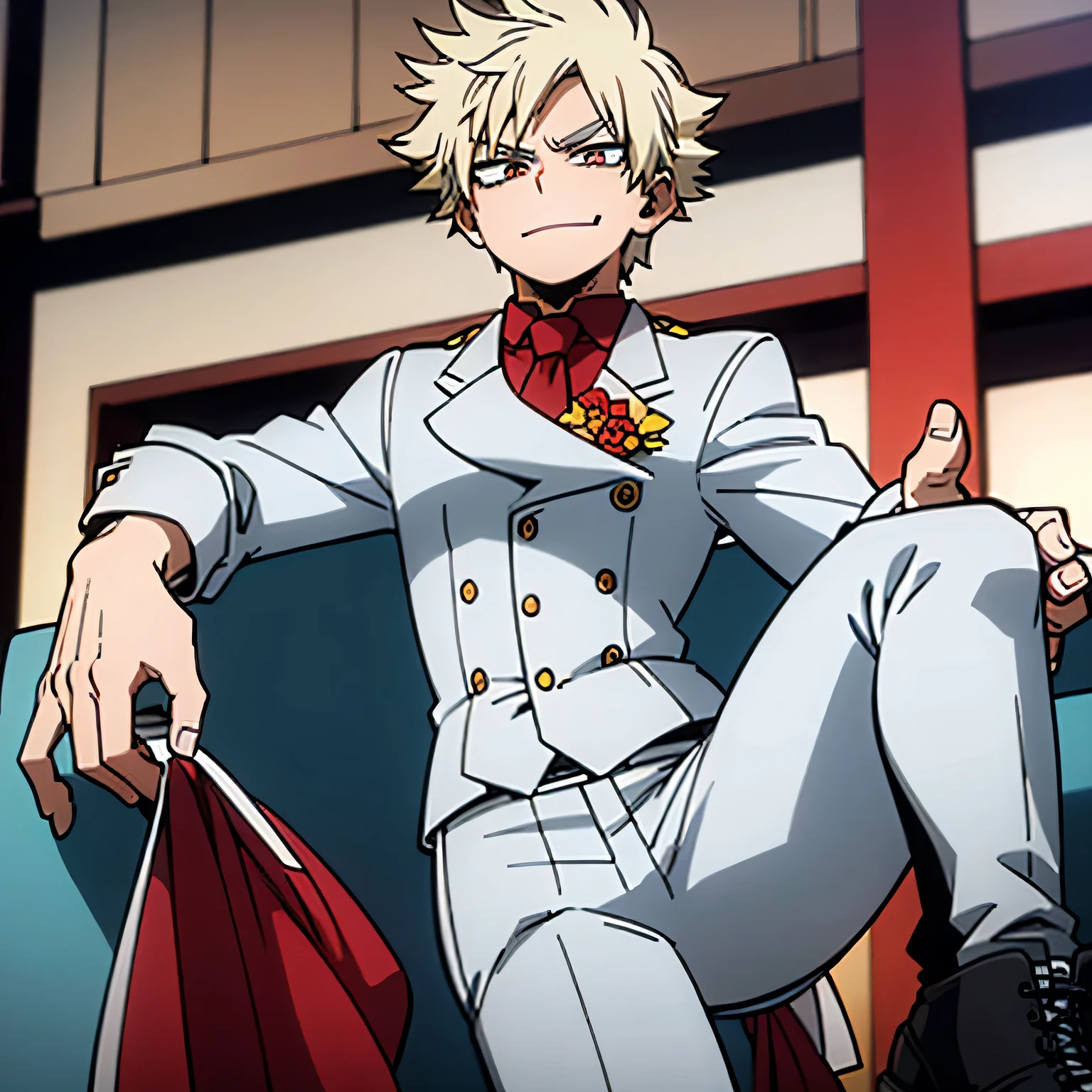 1boy, muscular body, short hair, blond hair, crimson eyes, smirk, gray jacket, red tie, white shirt, teal pants, boots