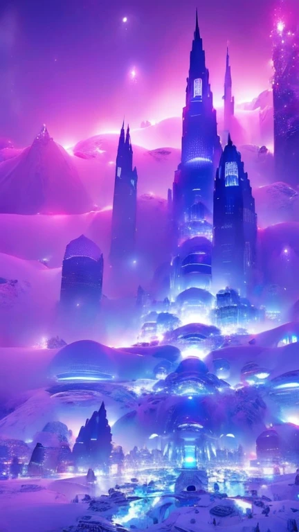 A beautiful futuristic city,(( in a snow landscape)), ice storm, futuristic fortress, luminous glyphs, 4k , uhd, insane details, white and blue