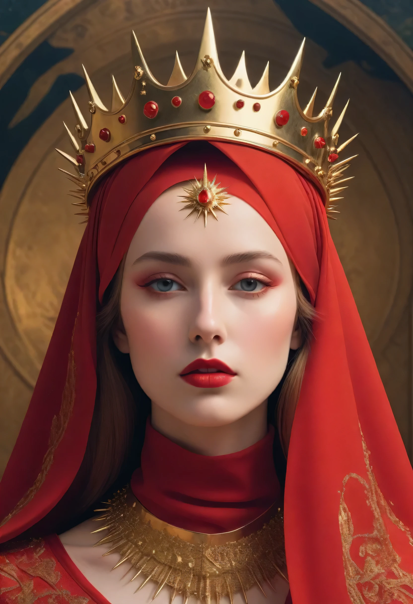 lady in red veils her face and has a large golden spiked crown, in the style of celestial fasion, otherworldly beauty, davide sorrenti, celestialpunk, album covers, fra angelico, aykut aydogdu, queencore, golden age aesthetics