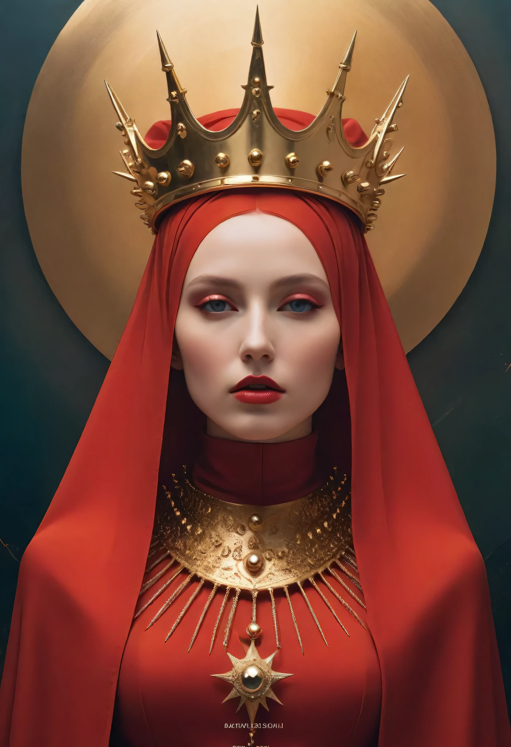 lady in red veils her face and has a large golden spiked crown, in the style of celestial fasion, otherworldly beauty, davide sorrenti, celestialpunk, album covers, fra angelico, aykut aydogdu, queencore, golden age aesthetics