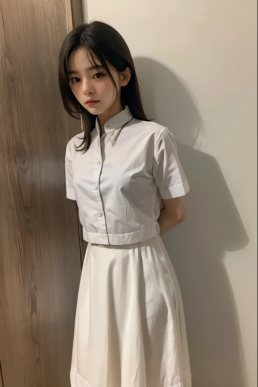 A cute girl is confined and tied up、Beauty、Make your eyes even、My hands are tied with ropes、Inside the hotel room、White short-sleeved shirt、Navy semi-long skirt、Standing in front of a wall、Age 25、Medium build、Like real life、highest quality、
